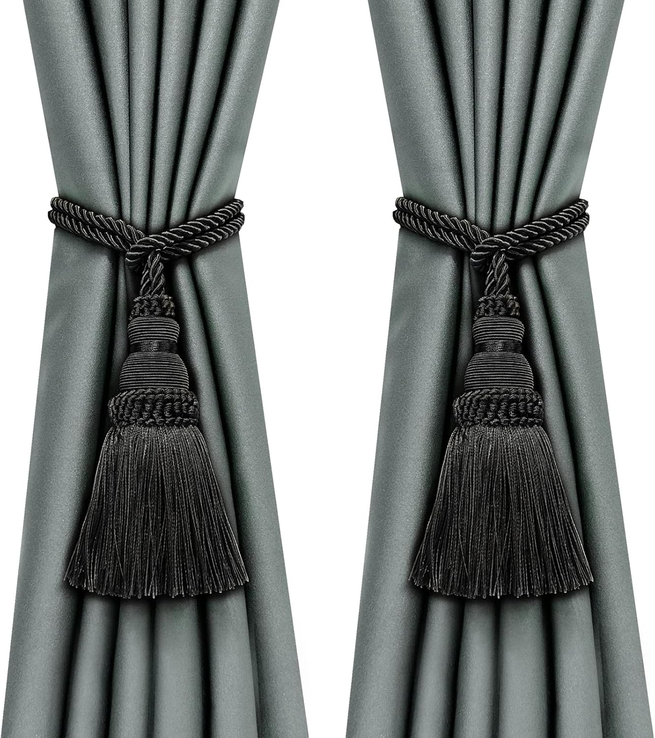 2 Pack Curtain Tie Backs Rope Tassels for Curtains Drape Tiebacks Handmade Outdoor Home and Outdoor Decorative (Black, 2P)