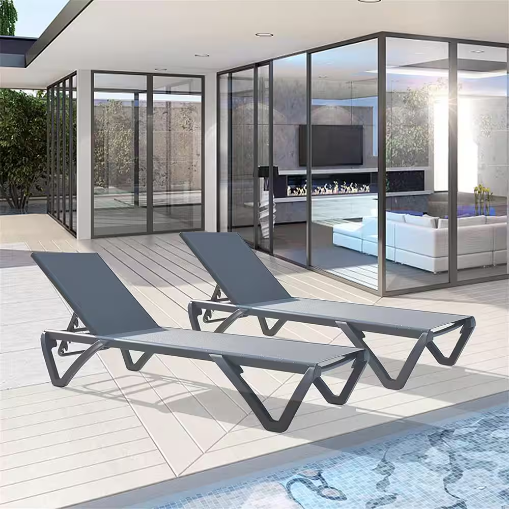 Black Frame Adjustable Backrest 2-Piece Metal Outdoor Chaise Lounge in Grey