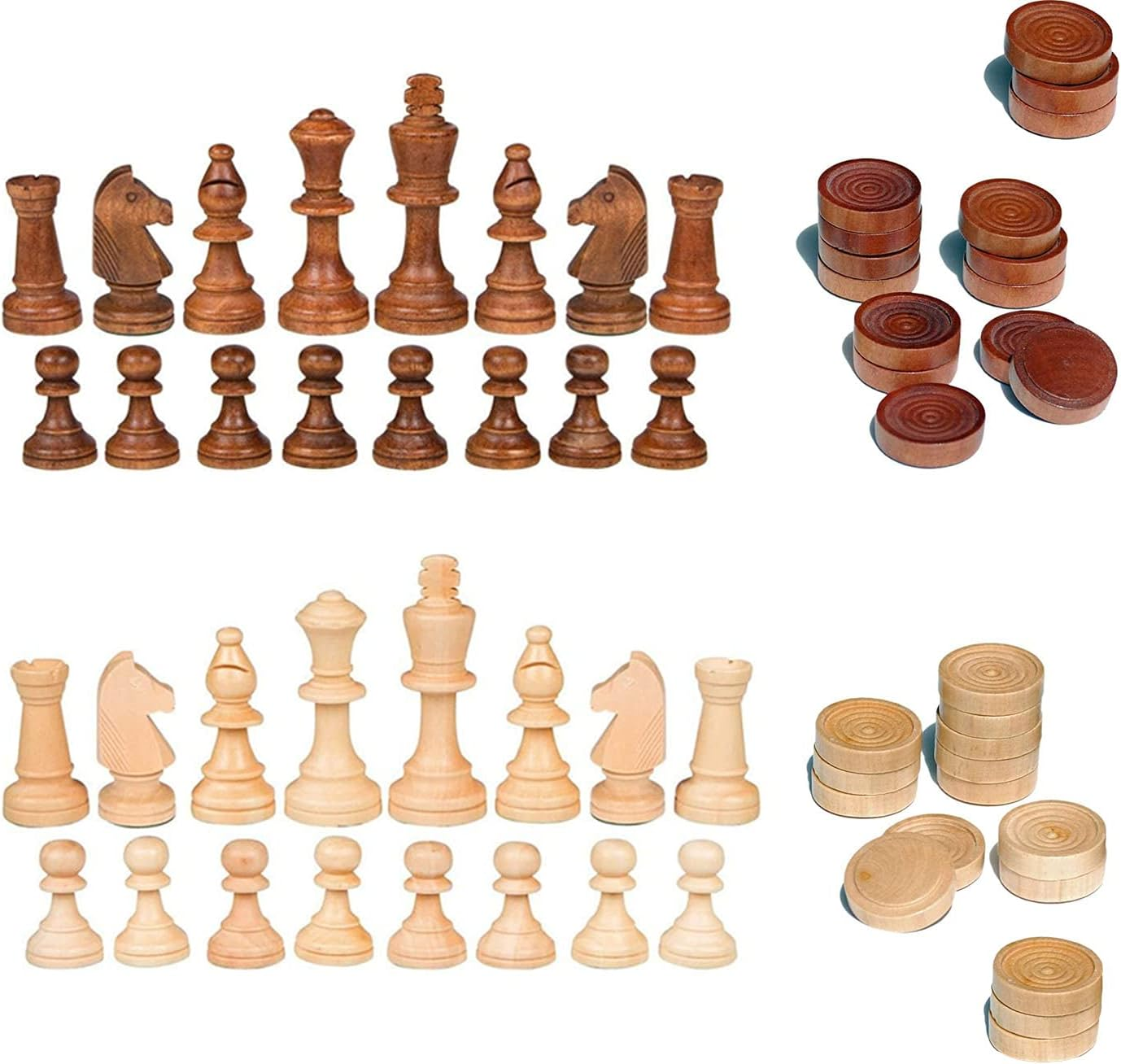 2 in 1 Chess Pieces Wood Chess Pieces + Checker Pieces without Board (3.5 Inches)