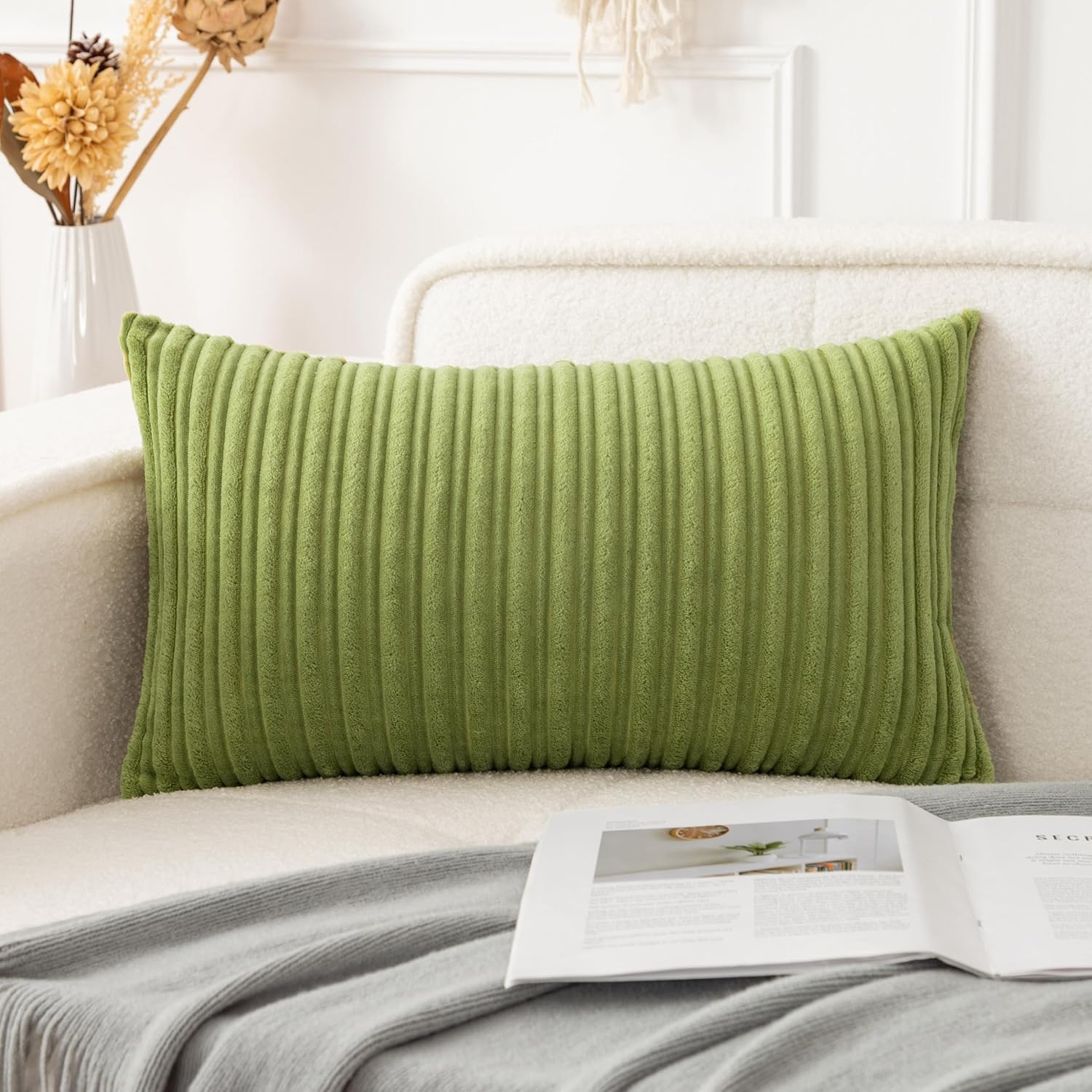 Velvet Soft Solid Decorative Pillow Covers Lumbar Cushion Case for Sofa/Bedroom/Car, 1 Piece, 12X20 Inch, Green