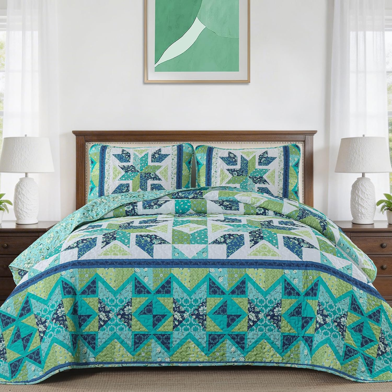 Patchwork Quilts Queen Size,Reversible Teal Floral Quilt Bedding Set