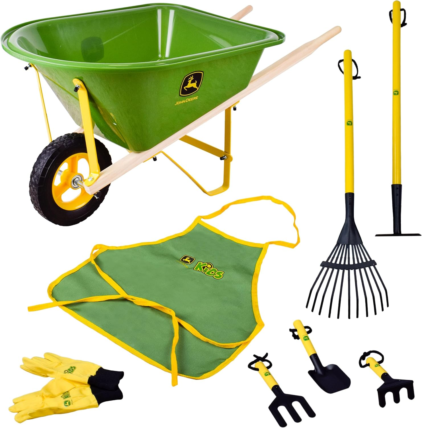 Deluxe 34" Wheelbarrow and Garden Set Includes 5 Realistic Gardening Tools,Gardening Apron, Gardening Gloves, Large Metal Wheelbarrow with Wooden Handles, Outdoor Toy Ages 5+