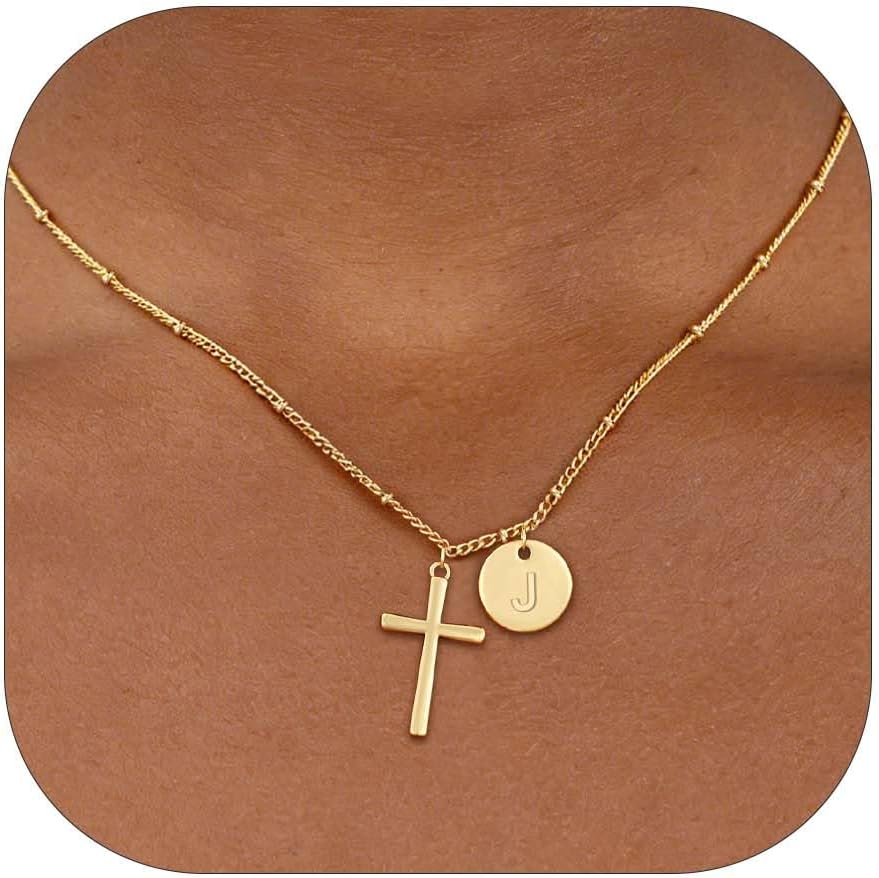 Easter Basket Stuffers - Cross Initial Necklace for Women 14K Gold Plated Dainty Trendy Faith Religious Jewelry First Communion Baptism Birthday Christian Gifts