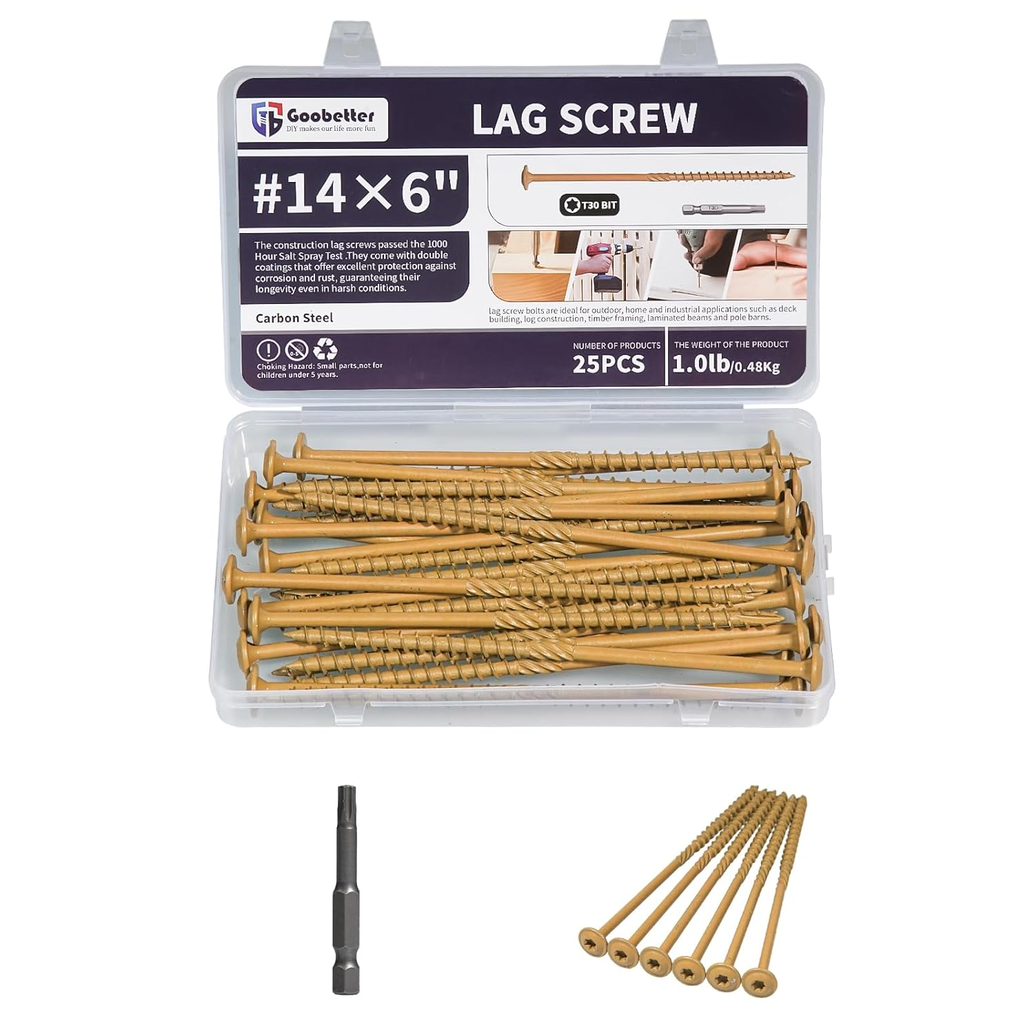 Lag Screws 6 Inch, 25PCS Heavy Duty Construction Screw, Structural Wood Screw #14 X 6, Rust Resistant, Washer Head, Yellow Coated Exterior Wood/Lag Screws, Star Drive with Bit
