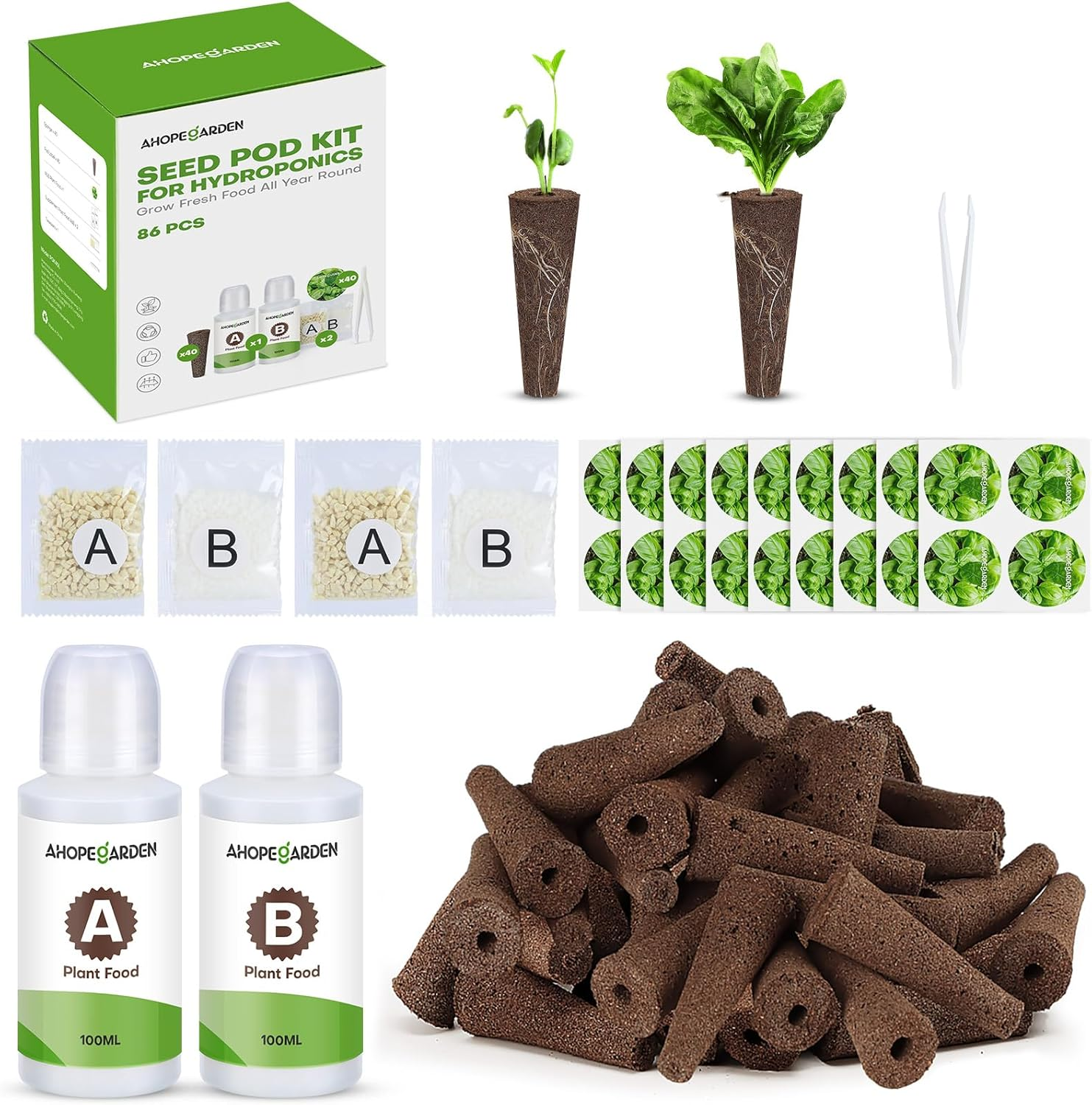 Ahopegarden 86PCS Hydroponic Pods Kit: Grow Anything Herb Kits with 600Ml A&B Plant Food, 40 Grow Sponges, 40 Labels, 1 Tweezer - Hydroponics Supplies for Aerogarden&Most Brand Herb Garden