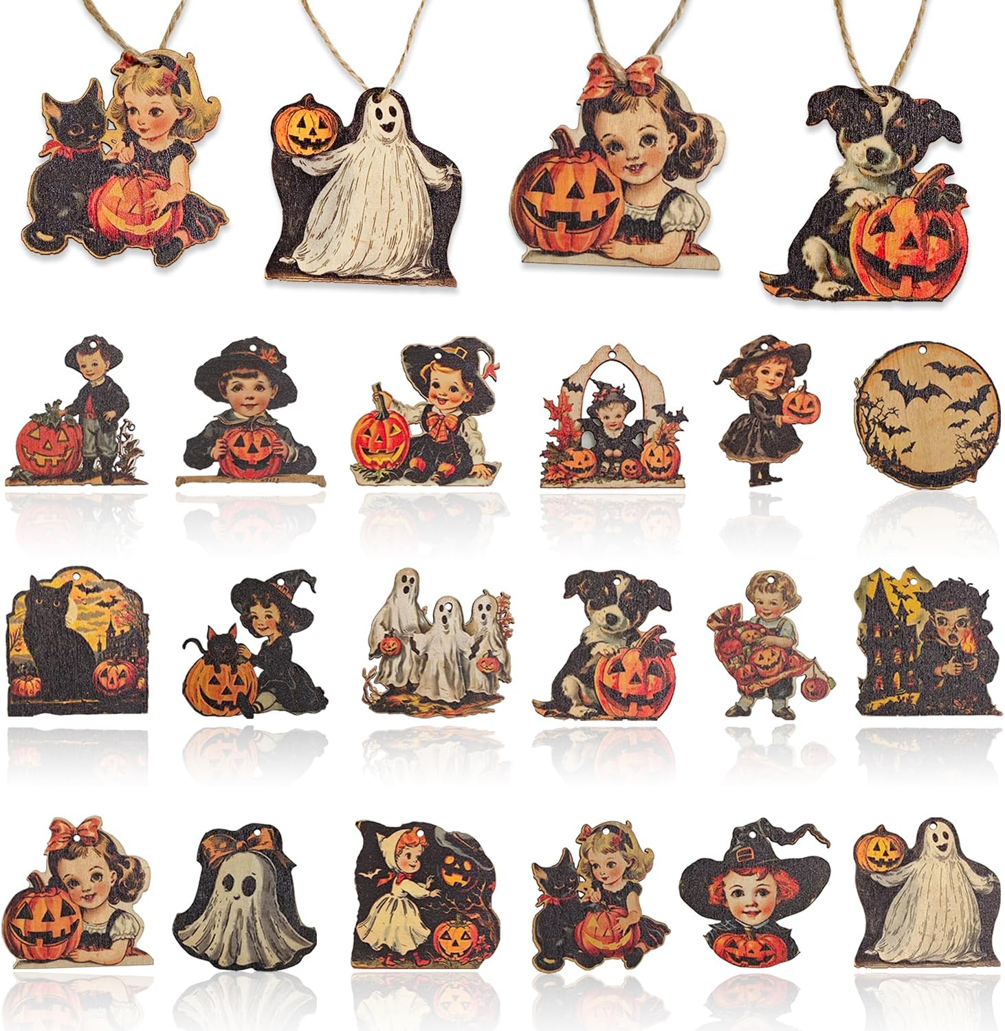 Vintage Halloween Decoration Wooden Hanging Ornaments - 36Pcs Vintage Style Boy