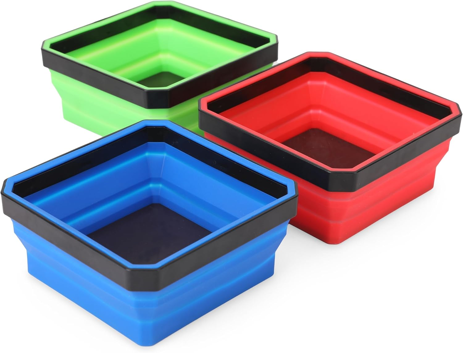 PR1ME Collapsible Magnetic Parts Tray Set, Foldable Magnetic Tray, 3 Pieces 4.25 Inch Square Silicone Bowls with Magnetic Base Stores and Organizes Small Parts and Tools