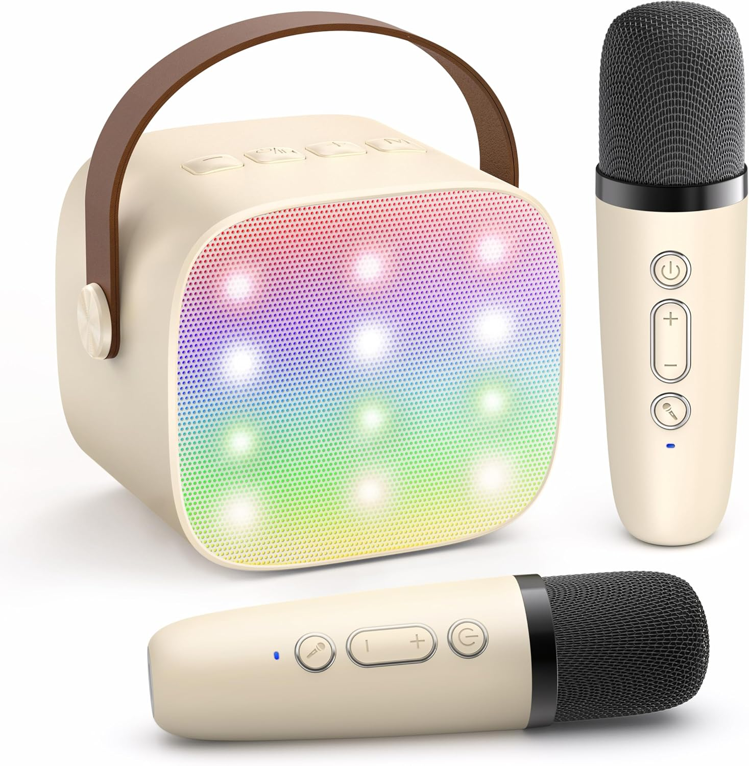Mini Karaoke Machine, 2 Wireless Microphones, Bluetooth Speaker, Kids/Adults, Gift for 4-12+ Years, Beige