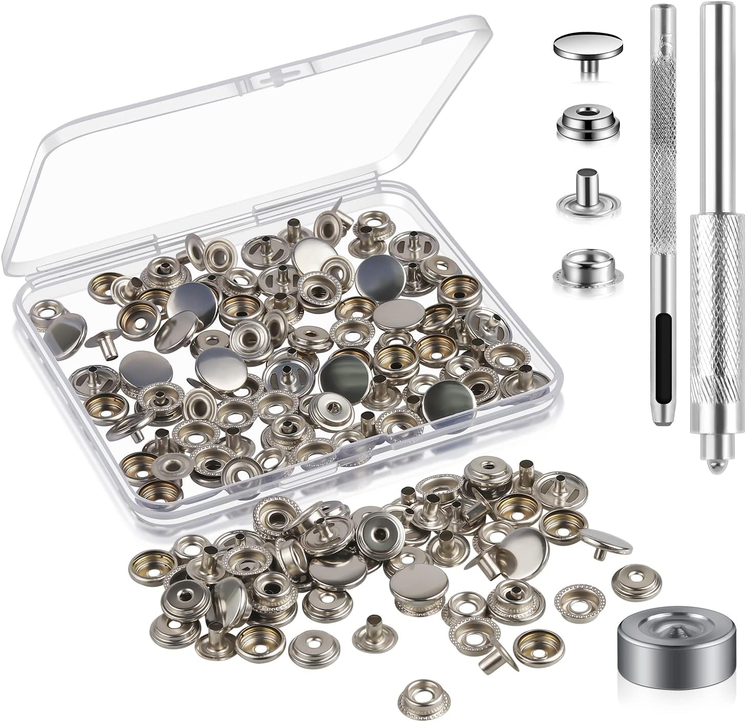 200 Pieces (50Sets) Snap Fastener Kit Tool 5/8 inches (15mm) Snap Button kit Snaps for Leather Snap Fasteners Kit for Leather Stainless Snaps Button for Bag, Jeans, Clothes, Fabric (Silver)