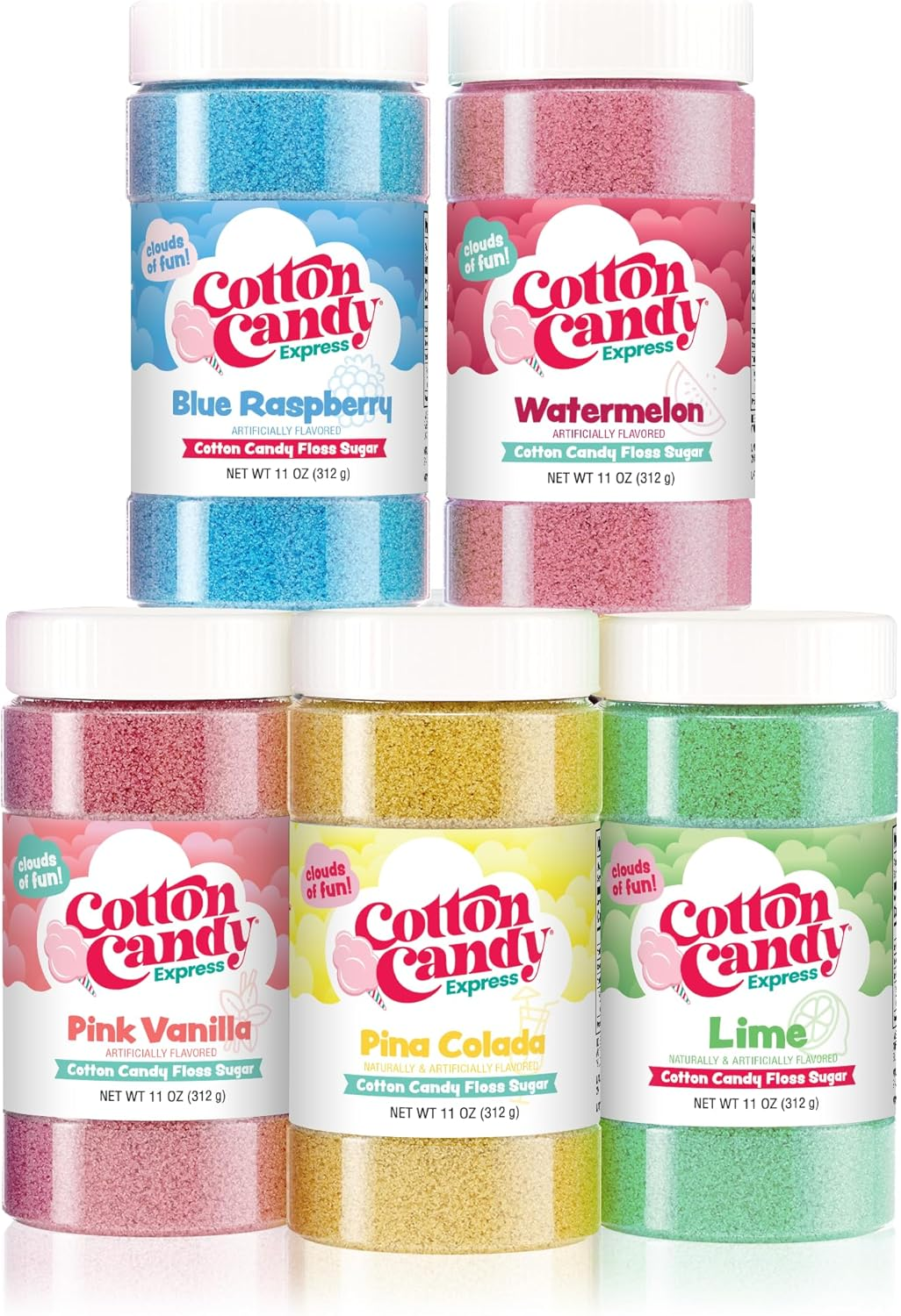 Floss Sugar Variety Pack 5 - 11Oz Plastic Jars of Lime, Watermelon, Pina Colada, Blue Raspberry, Pink Vanilla Flossing Sugars. Use with  Countertop Machine
