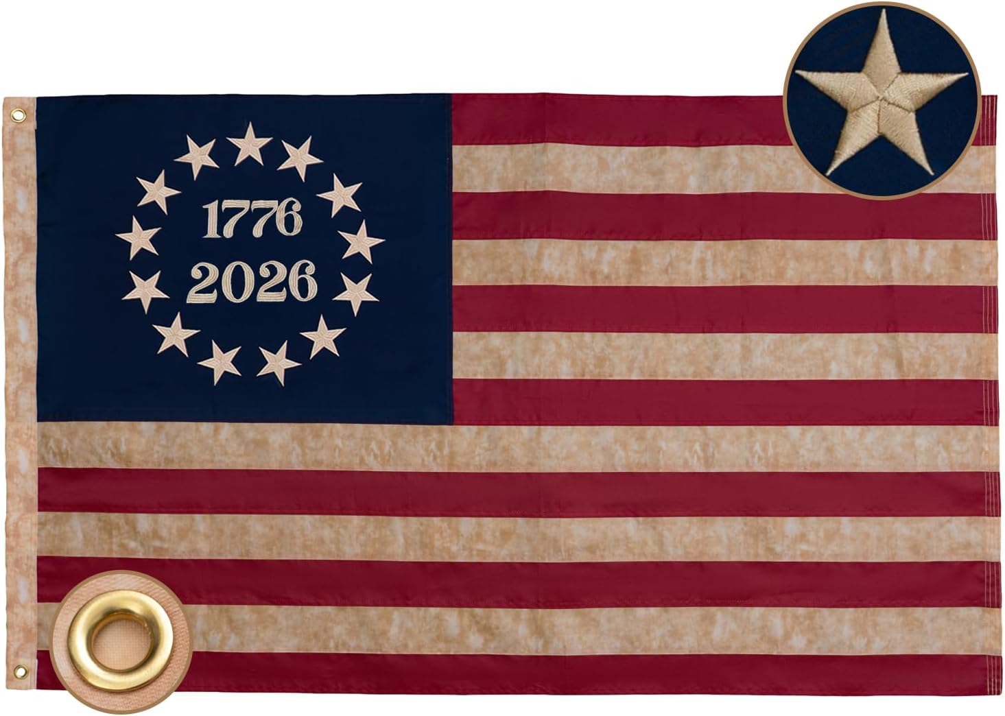 Vintage 1776 2026 Betsy Ross Flags 3X5 Ft Embroidered 250Th Anniversary American USA Flag Outdoor Embroidered 13 Colonies US 2026 American Flag Heavy Duty for outside with 2 Brass Grommets