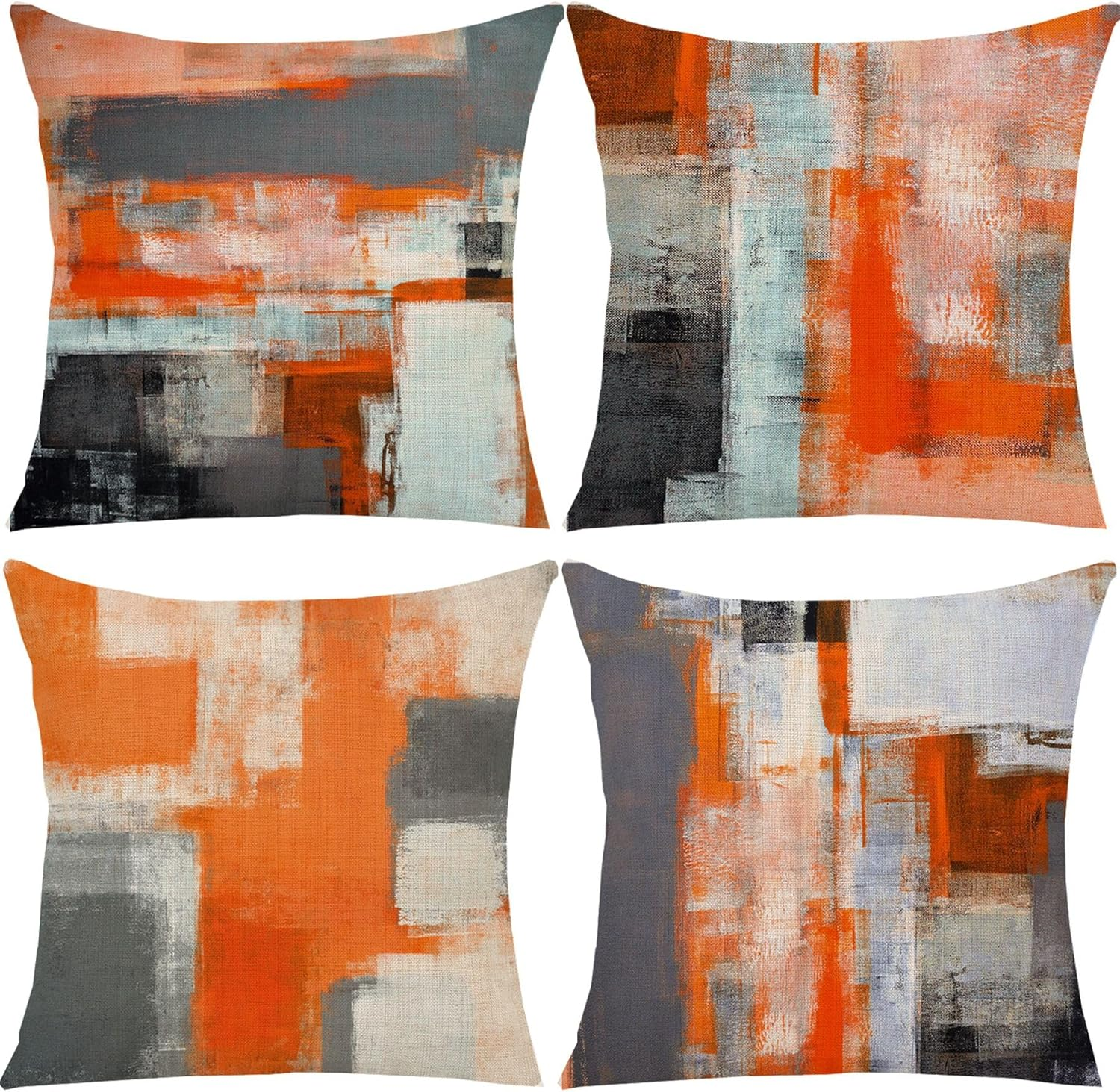 Orange Black Grey Throw Pillow Covers 18X18 Set of 4 Decorative Cushion Cover White Abstract Art Painting Pillowcase for Sofa Bedroom Living Room Decor