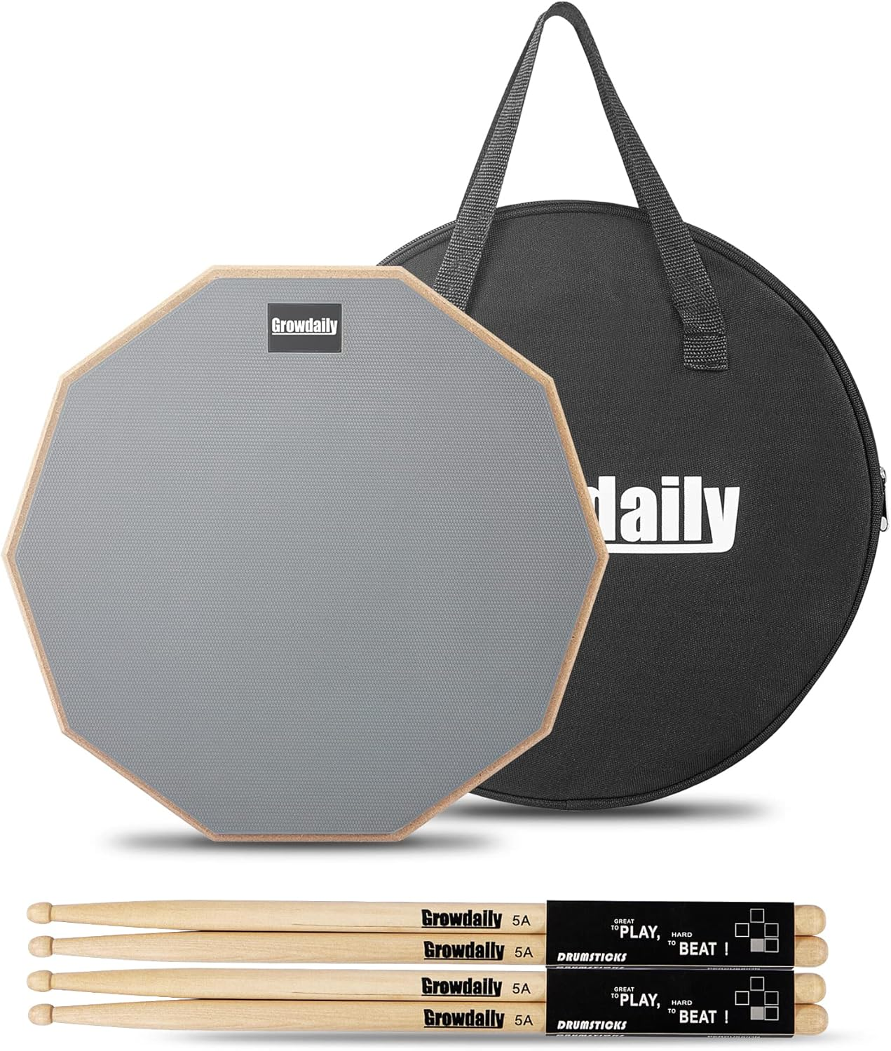 Drum Practice Pad for Drumming Drum Pad and Sticks 12 In,Sided with 2 Pairs/4 Maple 5A Drum Sticks & Storage Bag(Gray)