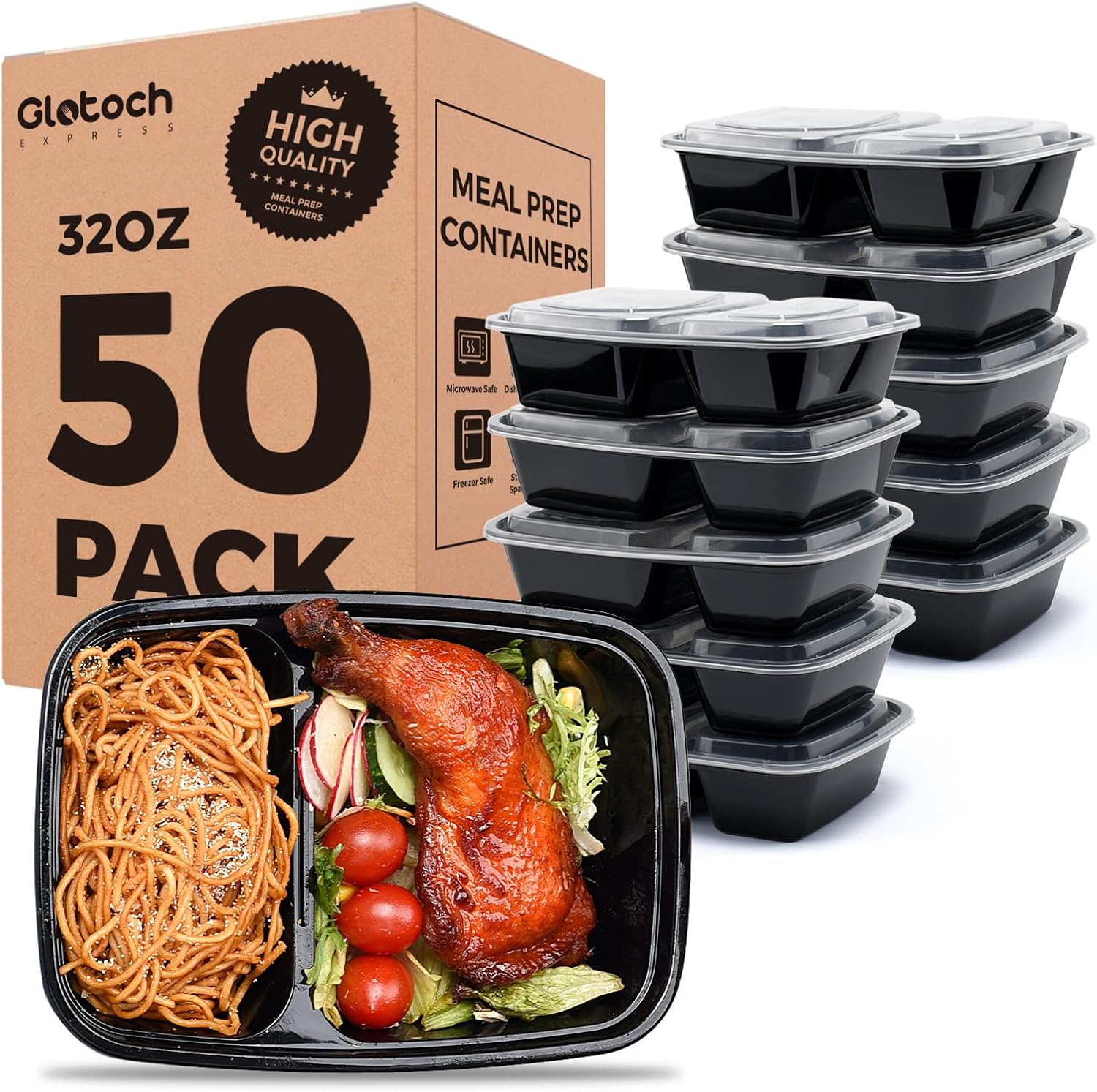 50 Pack (100-Piece) 32 Oz Sturdy Leakproof 2-Compartment Meal Prep Containers with Lids, Plastic Food Storage Containers for Lunch, Microwave, Freezer, and Dishwasher Safe Takeout Containers