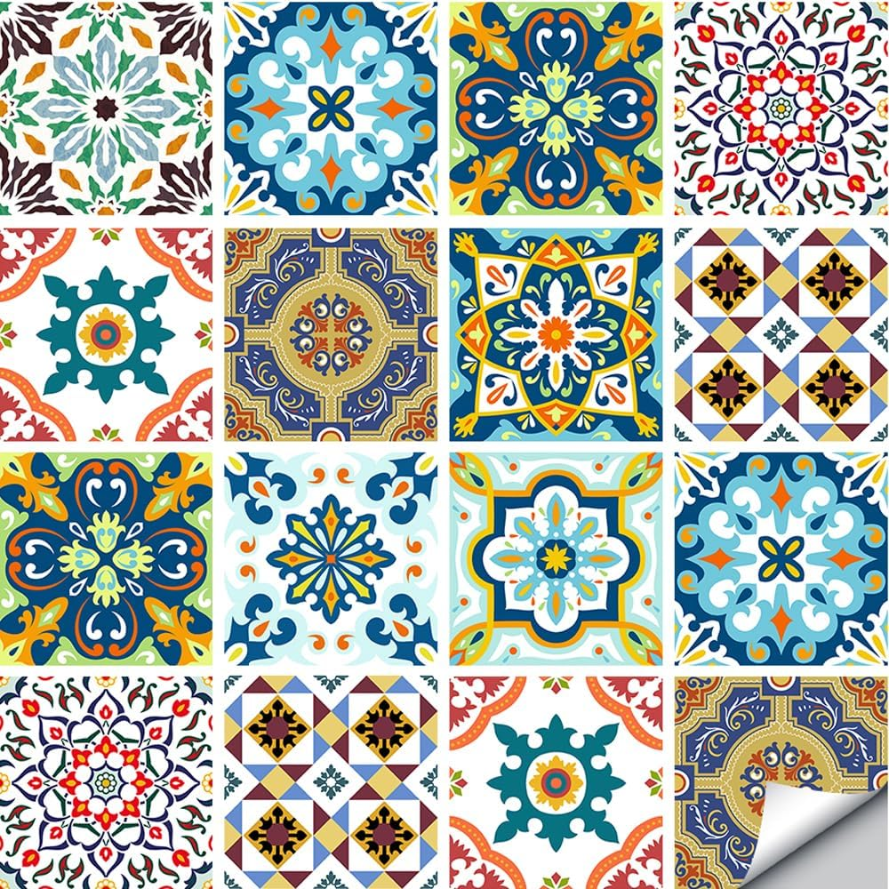 16 Pcs (6x6 in) Mandala Style Decorative Tile Stickers, Peel and Stick Self Adhesive Removable Tiles Backsplash Waterproof Kitchen Bathroom Furniture Staircase Home Decor Wall Sticker (TS-001-L)