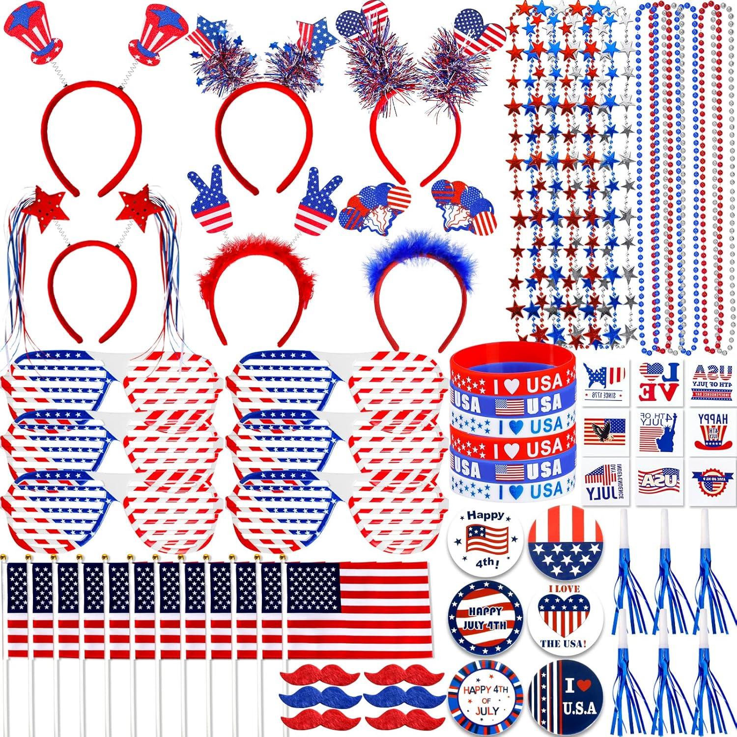 4Th of July Accessories Bulk Party Supplies, 146Pcs Patriotic Party Favors Set for Independence Day Decorations Memorial Day Celebrations USA Flags Party Parades Classroom Rewards for Kids