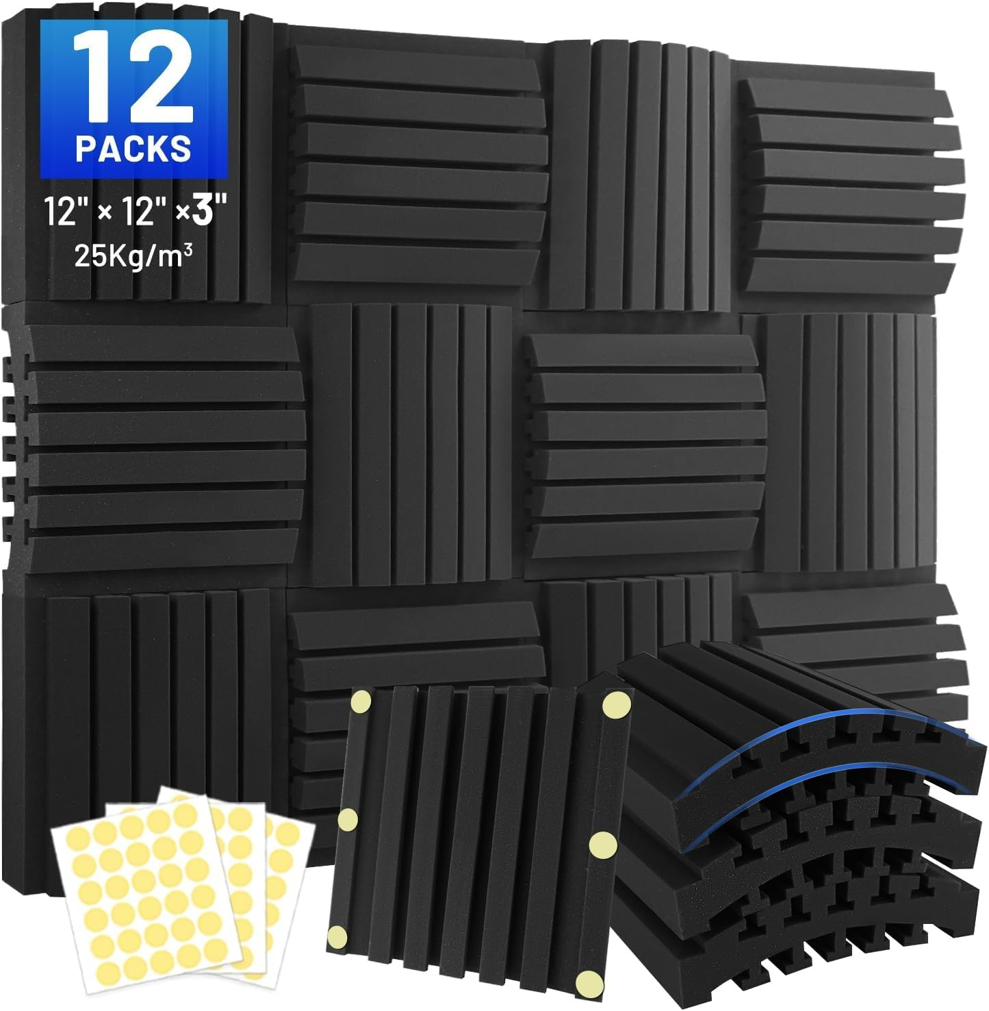 12 Pack Sound Proofing Panels, 3" X 12" X 12" Acoustic Wall Panels