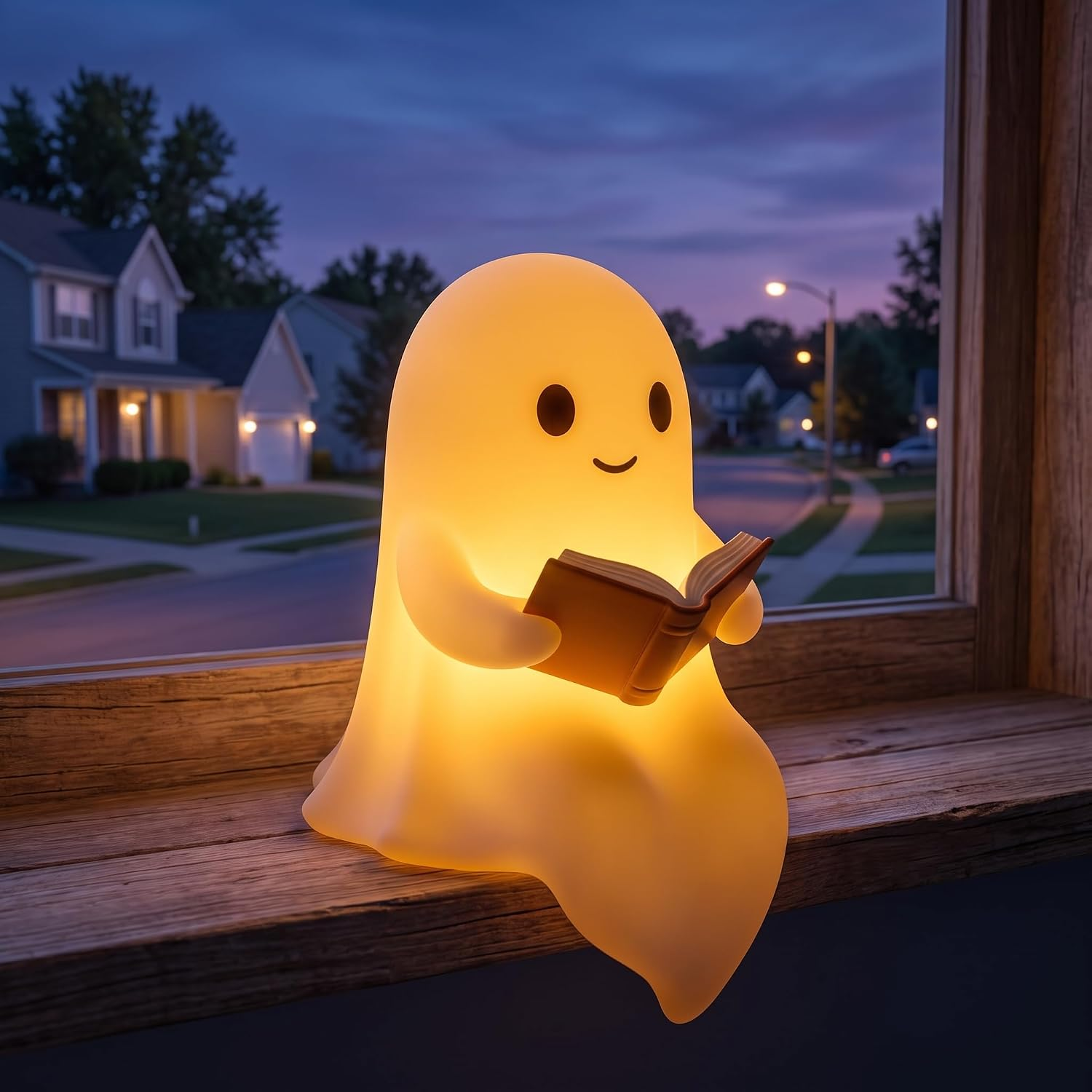 Cute Halloween Ghost Reading Book Figure, Light up Halloween Ornament Decor