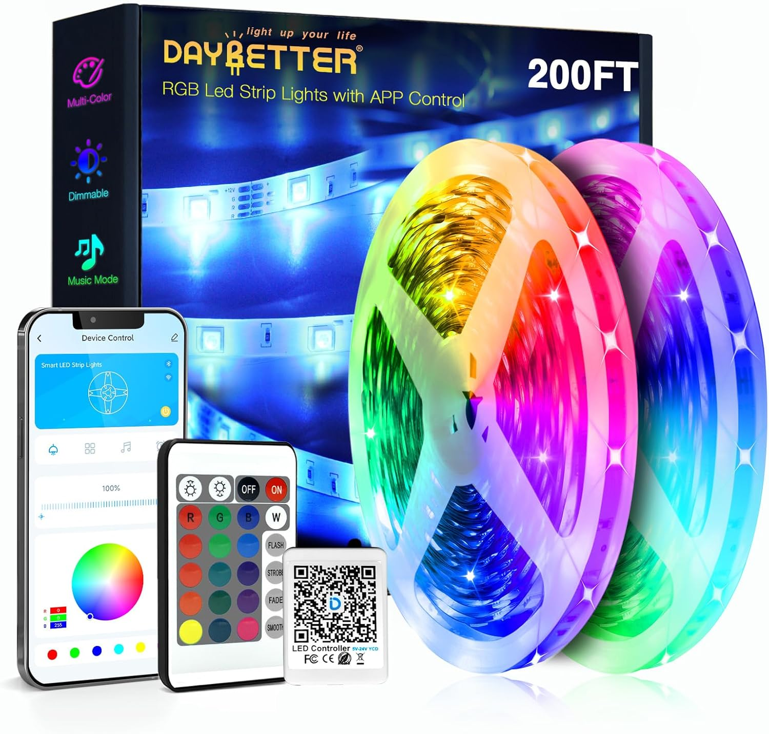 DAYBETTER Led Strip Lights 200 Ft (2 Rolls of 100 Ft) Ultra Long Smart Light Strips with App Voice Control Remote, RGB Music Sync Color Changing Lights for Bedroom, Kitchen, Party,Home Decoration