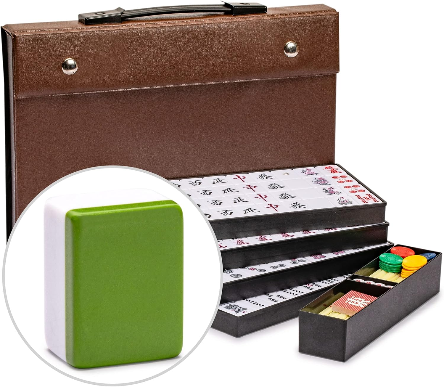 Japanese Riichi Mahjong Set - Large White and Green Tiles, Vinyl Case - Includes East Wind Tile, Betting Sticks, and Dice