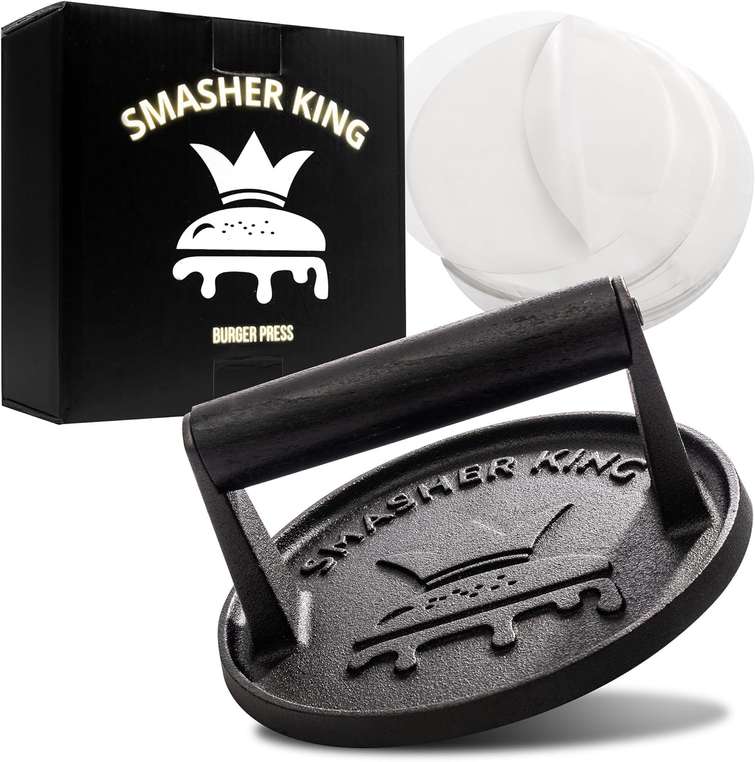 ™ - Premium Cast Iron Smash Burger Press Incl. 25 Pcs of Patty Paper, Burger Smasher for Griddle with Black Wood Handle, Perfect Hamburger Press, Meat Press, Bacon Press, Sandwich Press