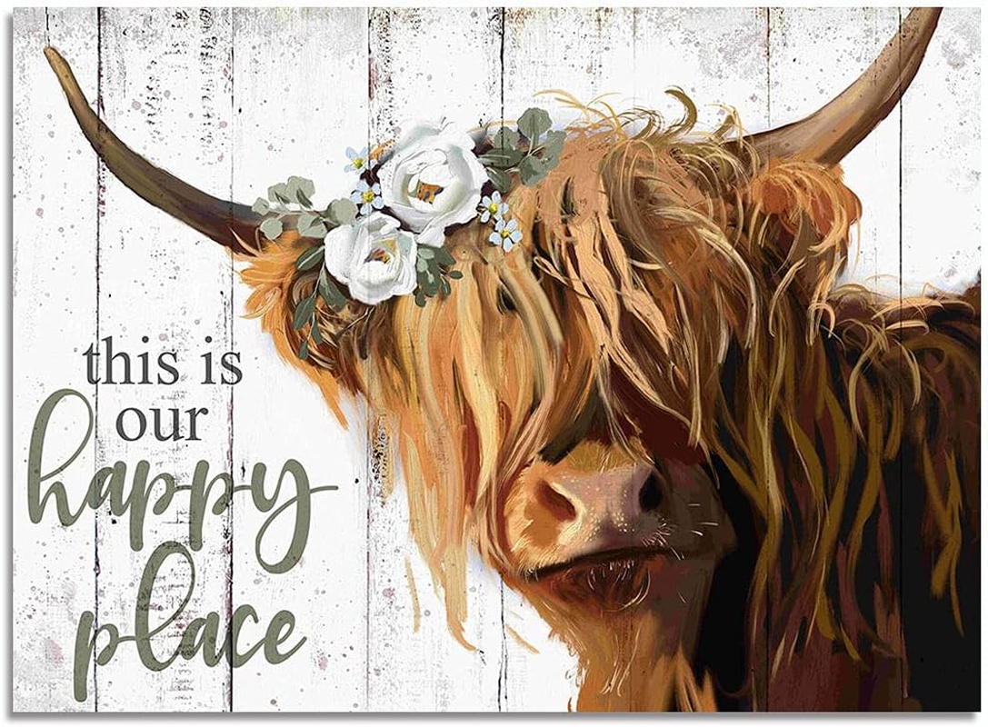 Highland Cow Wall Art - This Is Our Happy Place Inspirational Canvas Poster for Home - Long Haired Scottish Cow with White Flower Picture Farmhouse Kitchen Decor Framed (10