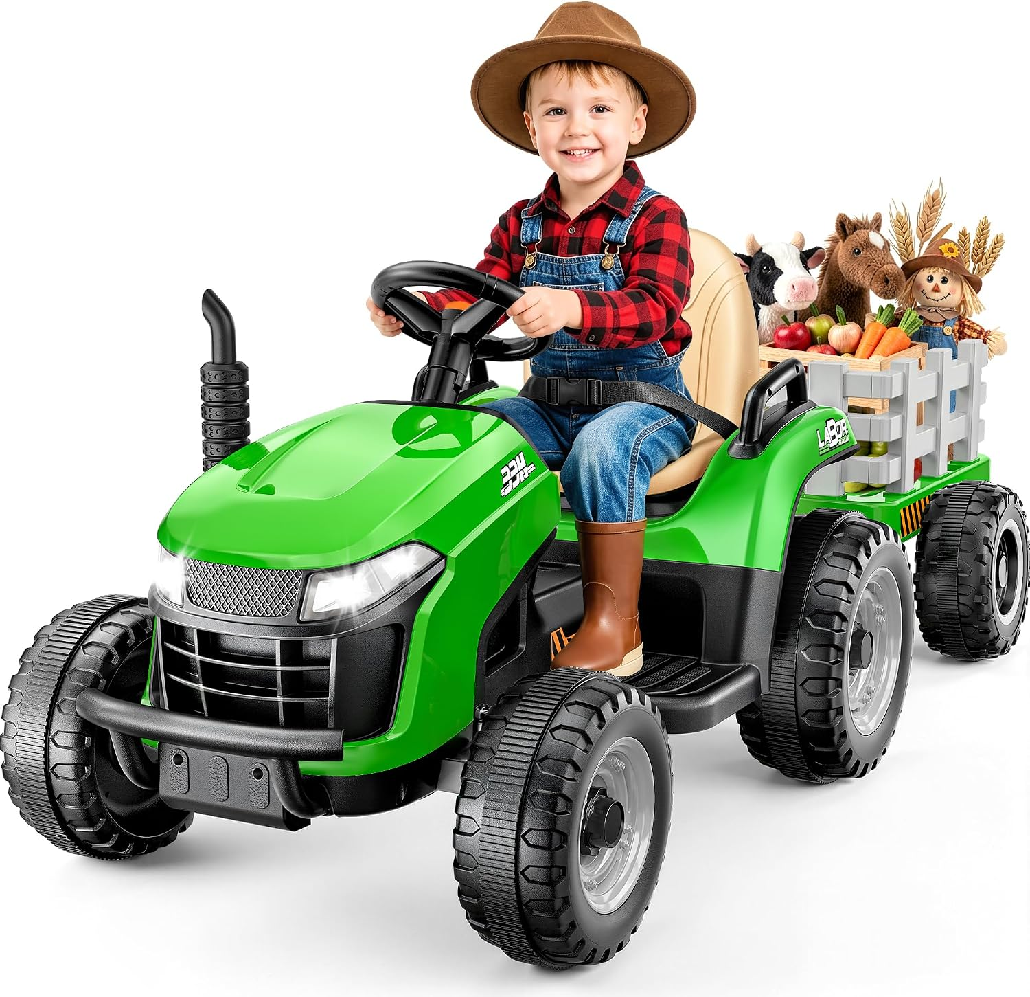 12V 7AH Kids Ride On Tractor W/Trailer & Remote Control, Green