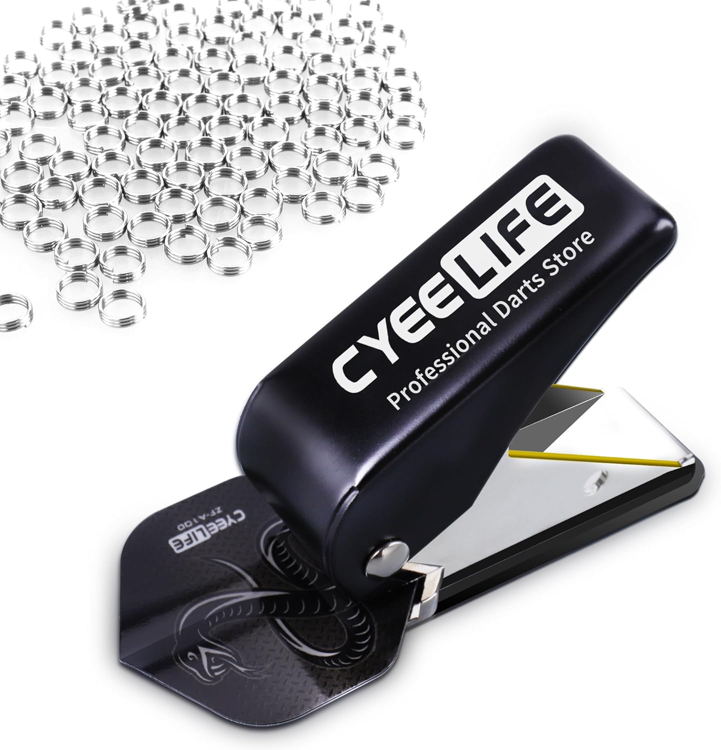 Dart Accessory: Flight Hole Punch Tool with 100 Metal O Rings (Steel and Soft Tip Darts) (Black)