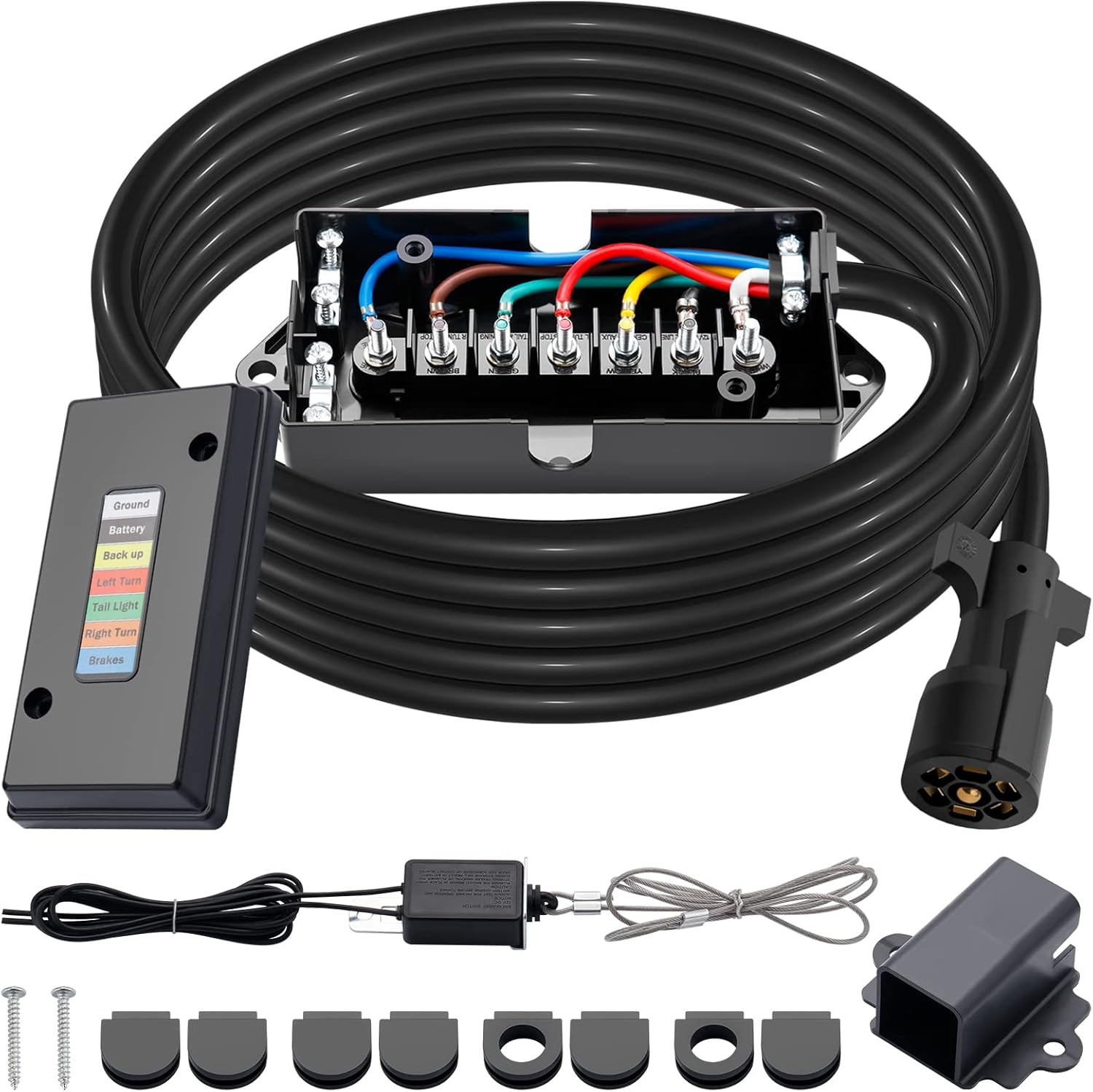 15 FT 7 Way Trailer Cord and 7 Gang Junction Box Kit with 12 V Breakaway Switch and Plug Holder Heavy Duty Trailer Wiring Harness Kit for Trailers RVs Campers