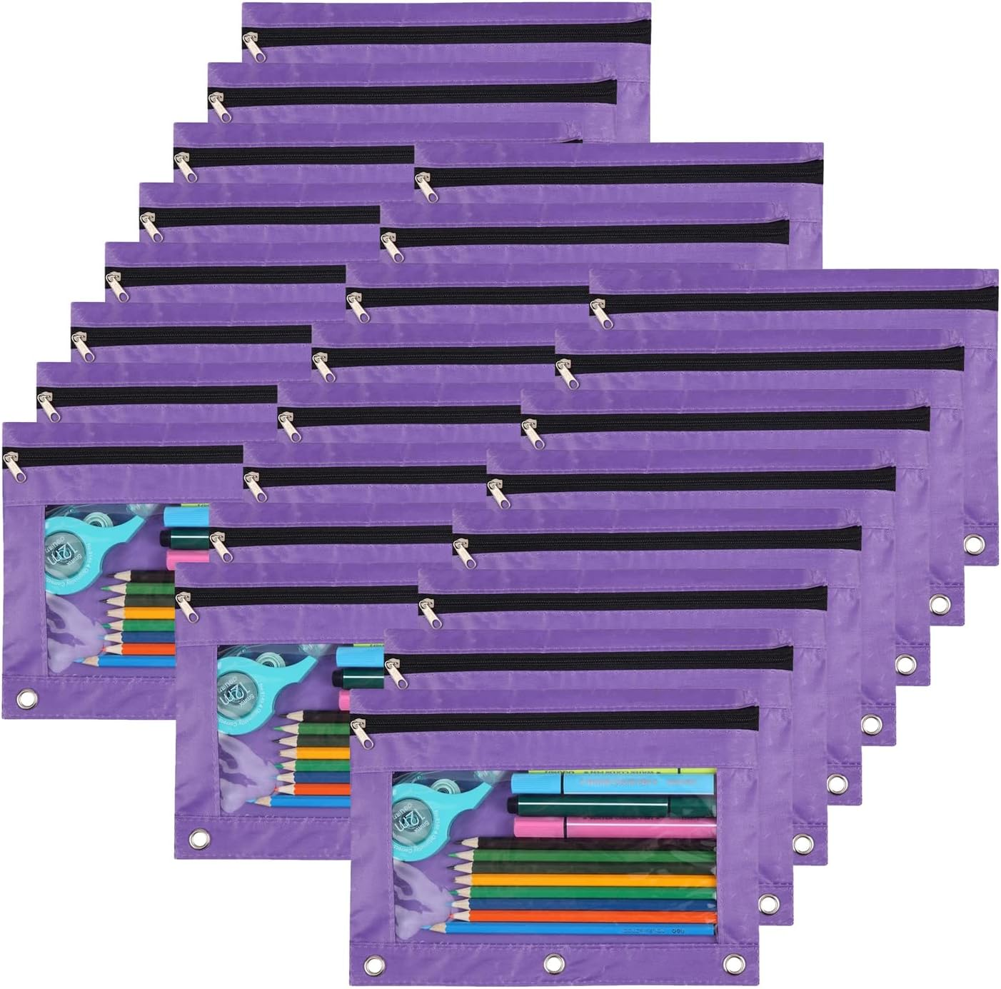 Pencil Pouch for 3 Ring Binder，Zipper Pencil Pouches Bulk，Pencil Case Pouch with Clear Window for Class, School, Office, Purple，24 Packs