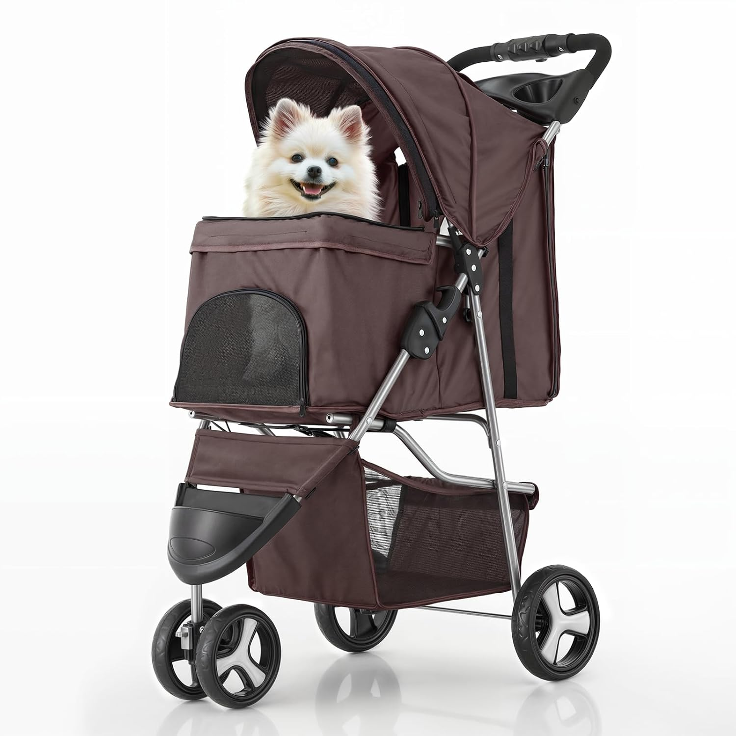 Monibloom Foldable Dog Strollers for Small Dogs with Weather Cover, 3 Wheels Pet Strolling Cart for Dogs and Cats with Storage Basket and Cup Holder, Breathable and Visible Mesh for All-Season, Coffee