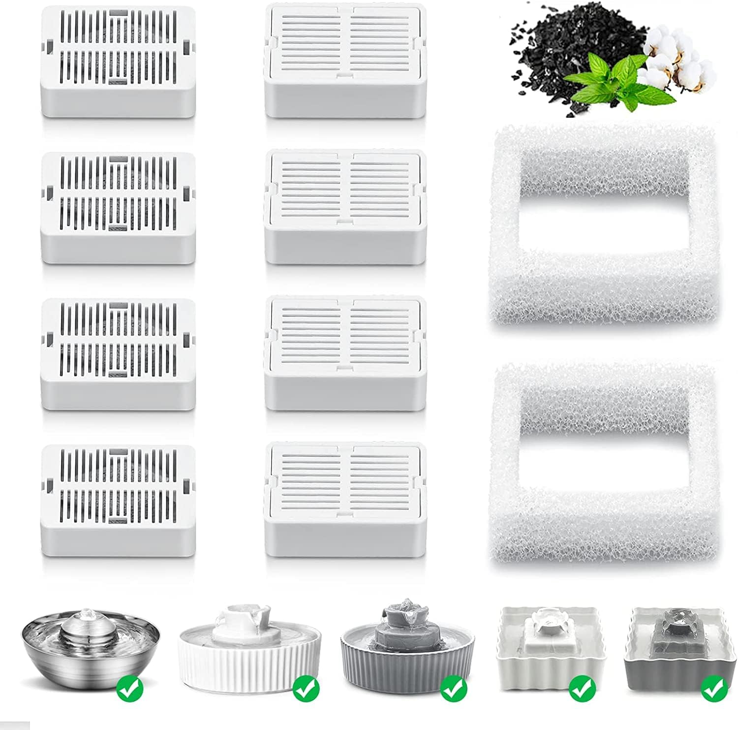 Vindox Pet Fountain Replacement Filters, 8 Cat Fountain Carbon Filters and 2 Foam Pre-Filters for Cupcake Ceramic Pet Fountain Pet Drinking Fountain Porcelain (8 Packs)