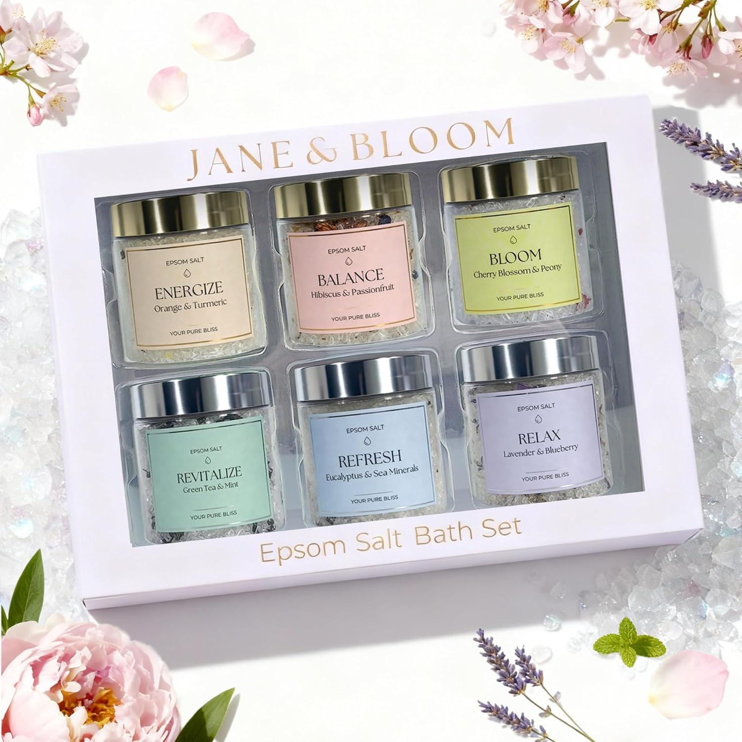 Epsom Salt Bath Gift Set – 6 Aromatherapy Blends with Essential Oils – Bath & Body Gift Set for Women, Stress Relief, Self Care, Birthday, Valentine's Day Gifts – Jane & Bloom