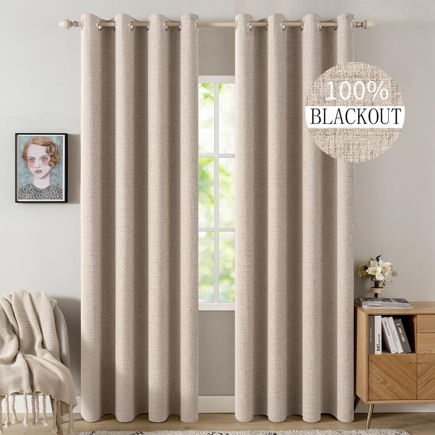 100% Blackout Linen Textured Curtains for Bedroom Solid Thermal Insulated Natural Beige Grommet Room Darkening Curtains & Drapes Luxury Decor for Living Room Nursery 52 X 84 Inch (2 Panels)