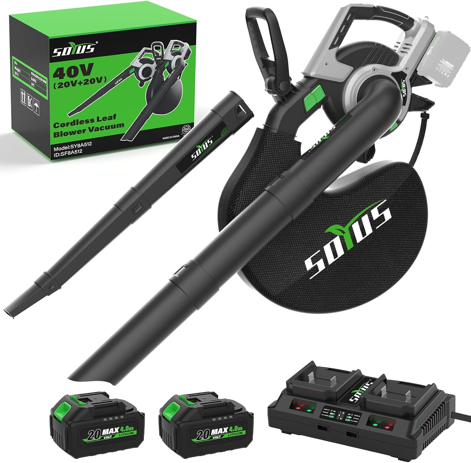 Cordless Leaf Blower & Vacuum  3-In-1, Leaf Vacuum Mulcher 385CFM with Brushless Motor & 5 Speed Control, Electric Leaf Blower for Lawn Care, Included 45L Bag 2 X 20V 4.0Ah Battery and Charger