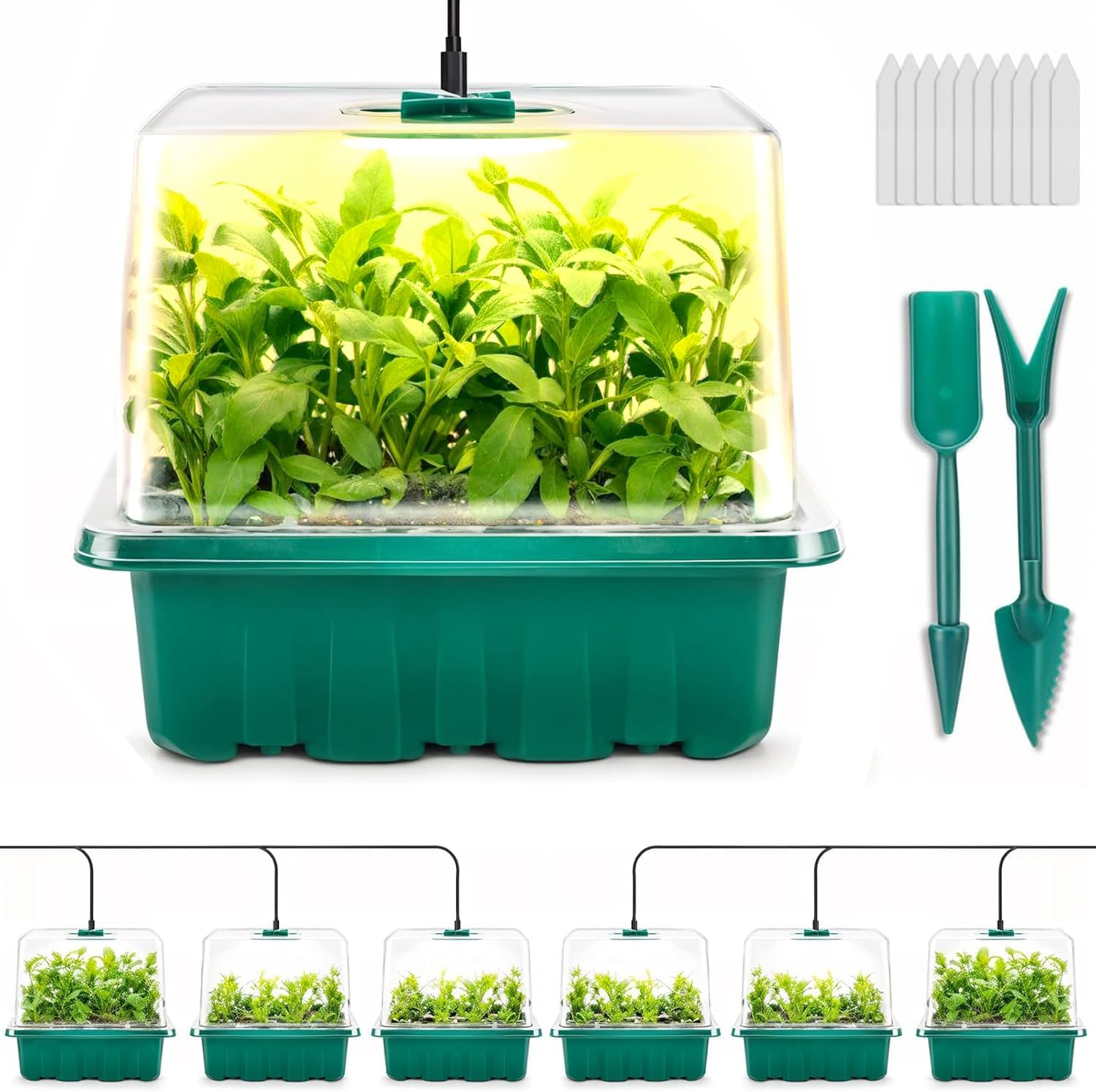 Seed Starter Tray with Grow Light, 6Pcs Seed Starter Kits with Light and Adjustable Humidity Domes, Covers Height 3.9