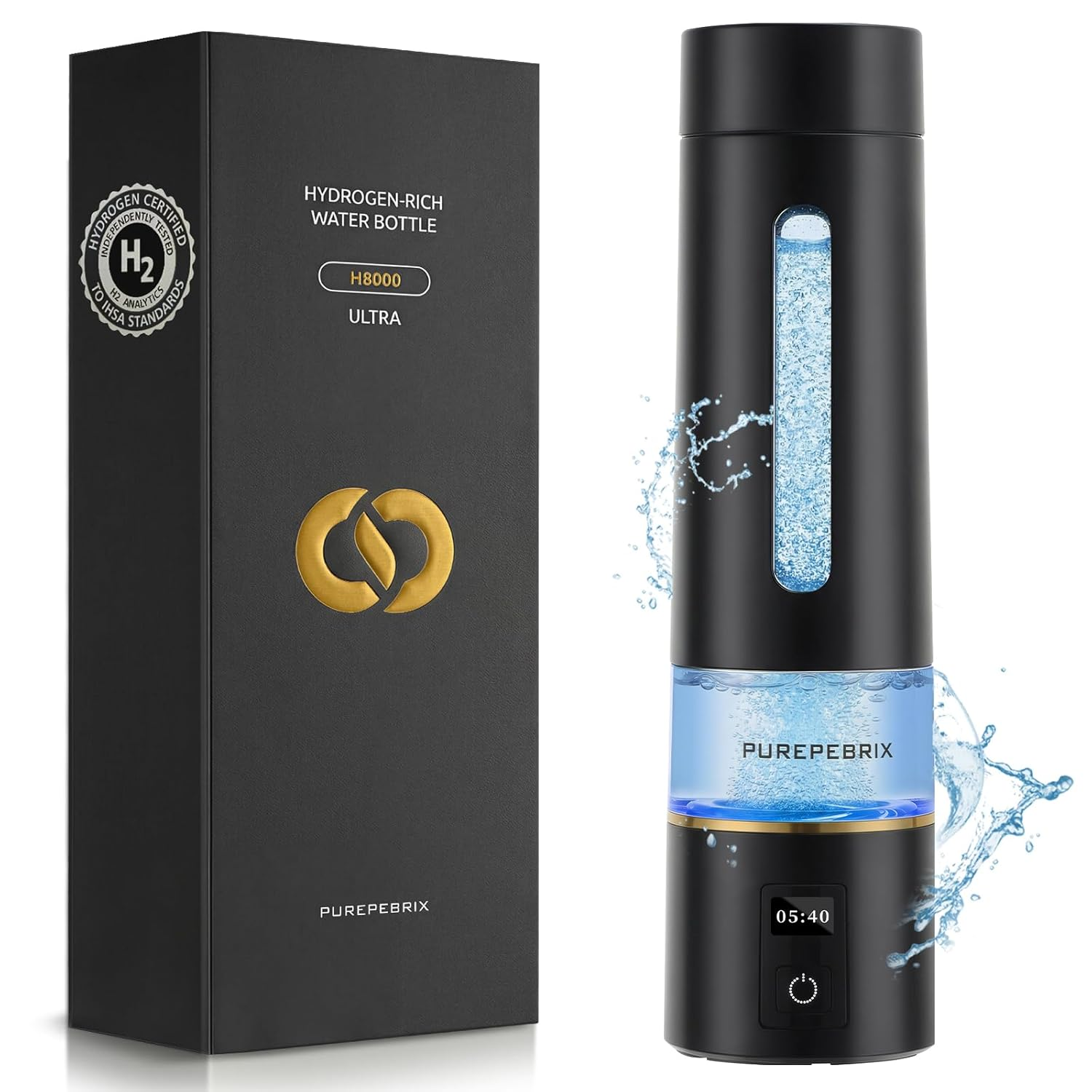 Hydrogen Water Bottle Generator-Up to 8100 PPB Molecular Hydrogen, 12-Hour Hydrogen Retention, IHSA Certified SPE/PEM Tech, Portable Hydrogen Bottle, Healthy Gift (Black)