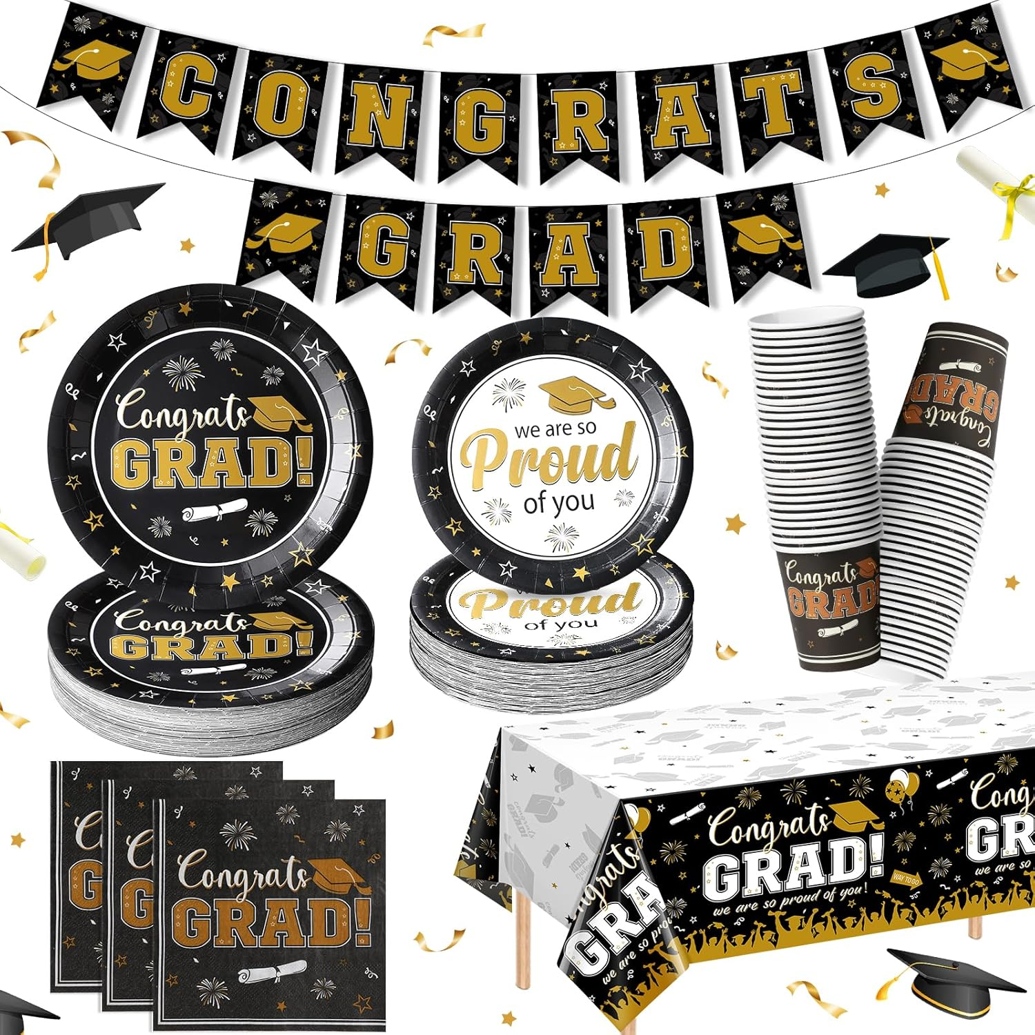 Graduation Plates and Napkins Set Serve 50, Class of 2026 Graduation Party Dinnerware Set, Black and Gold Disposable Paper Plates Napkins Banner Tablecloth for Graduation Congrats Grad Party Supplies