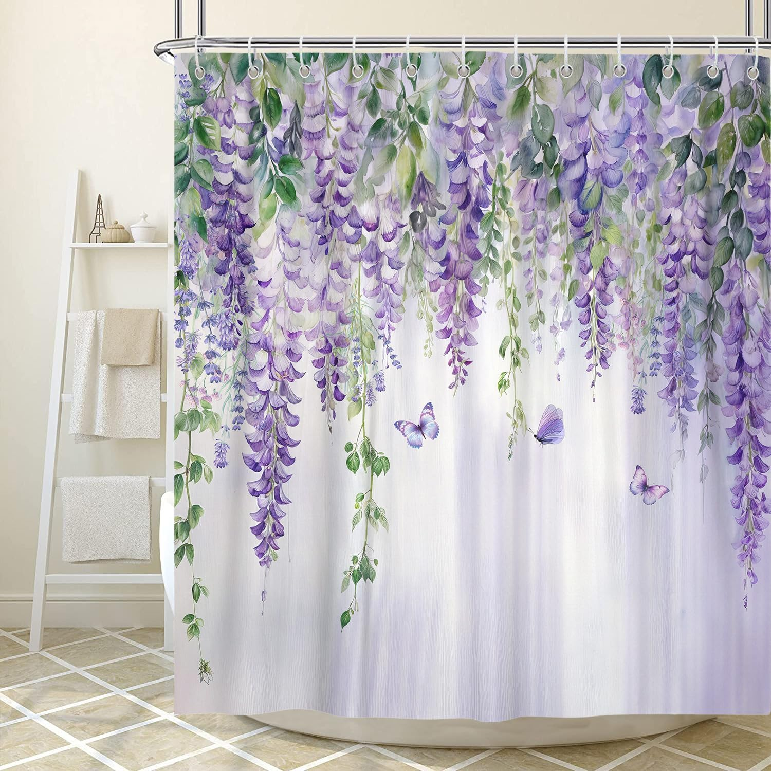 Purple Lavender Floral Butterfly Shower Curtain, Spring Purple Lilac Flower Leaves Fabric Shower Curtains Set for Girl Bathroom Decorative, Watercolor Restroom Decor Accessories with Hooks 72X72 Inch
