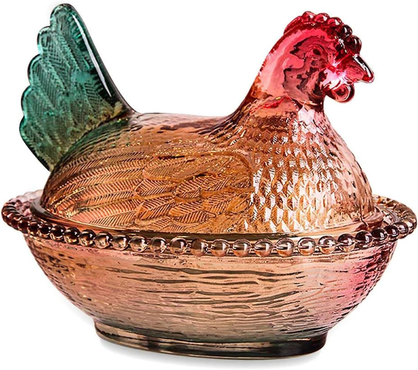 Vintage Glass Hen on Nest Dish with Lid - Large Pedestal Rooster Glass Candy Bowl, Colorful Crystal Candy Jar for Snacks, Dessert, Cookies | Home Kitchen Office Tabletop Decor