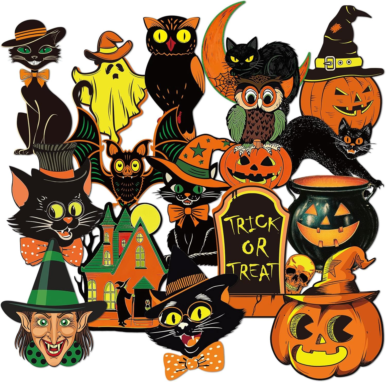 48Pcs Vintage Halloween Decorations - Assorted Retro Pumpkin Cat Owl Cutouts