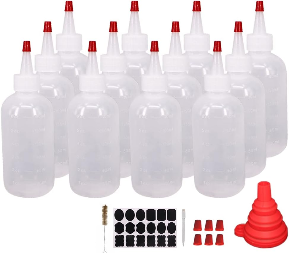 12 Pack 6-Ounce Plastic Squeeze Bottles with 12Pcs Red Tip Caps and Measurement - Good for Crafts, Art, Glue, Multi Purpose Set of 12 with 1 Red Funnel