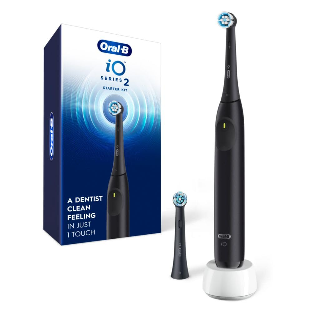 Oral-B Io Series 2 Rechargeable Electric Powered Toothbrush Starter Kit, Night Black with 2 Brush Heads - Automatic Pressure Sensor to Protect Gums - 3 Modes - 2 Min Timer