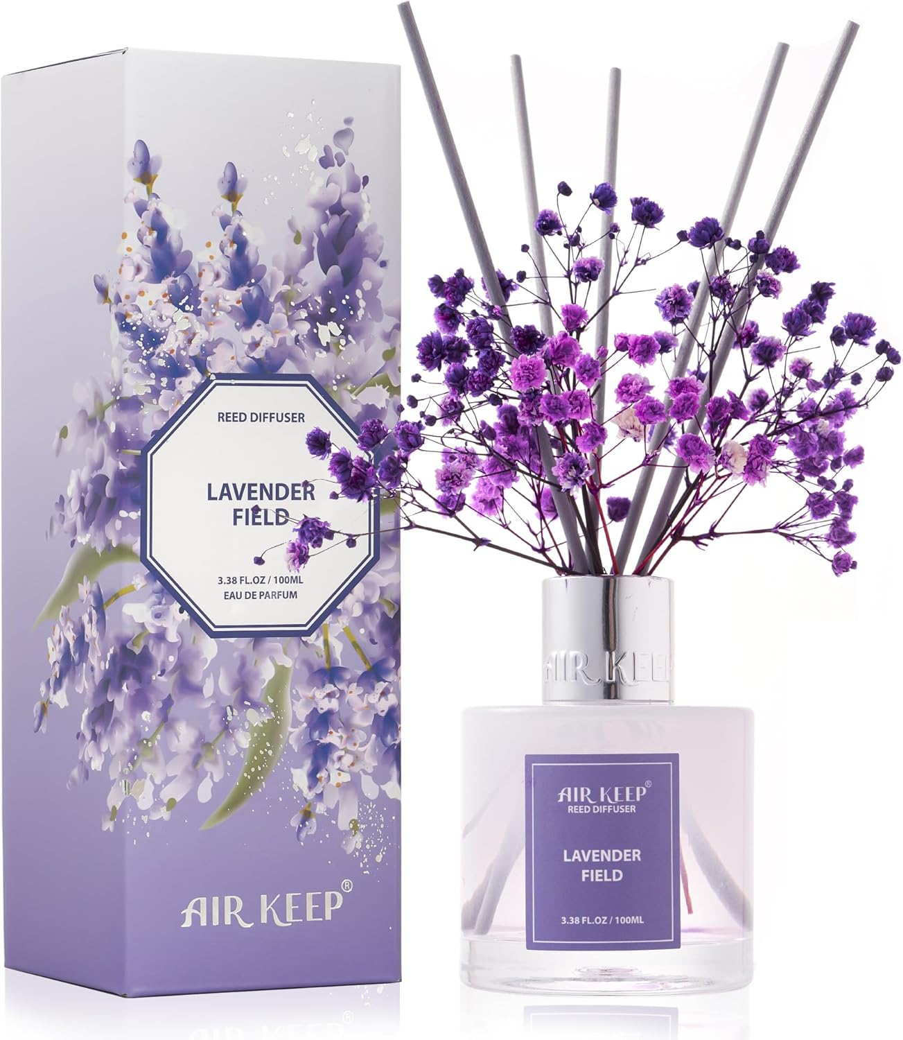 Reed Diffuser Set,3.38 Fl Oz (100 Ml) - Lavender Field Oil Diffusers with 8 Reed Sticks, Home Fragrance Reed Diffuser for Bathroom Shelf Decor