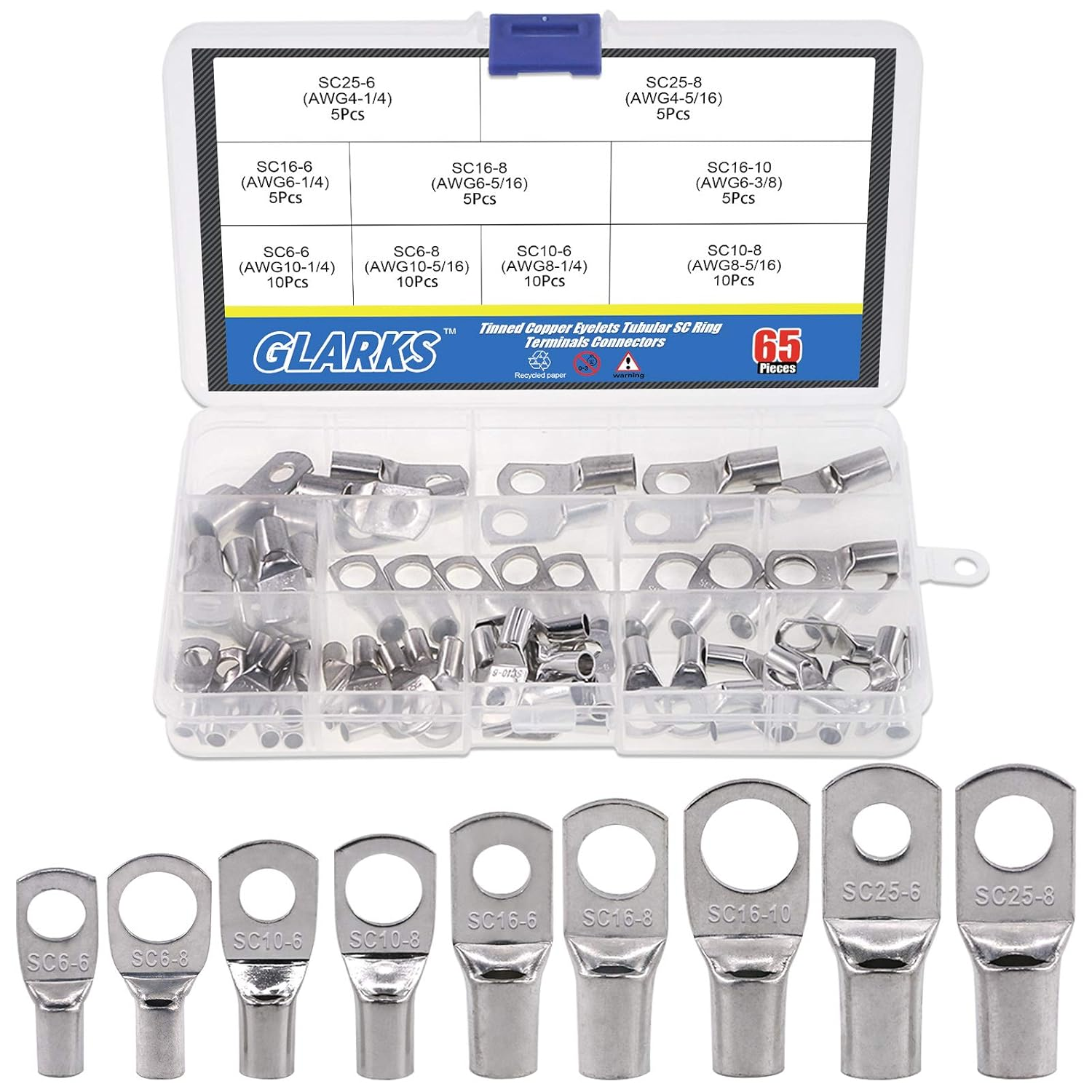 65Pcs Assorted Heavy Duty Wire Lugs Battery Cable Tinned Copper Eyelets Tubular SC Ring Terminals Connectors with Spy Hole Assortment Kit