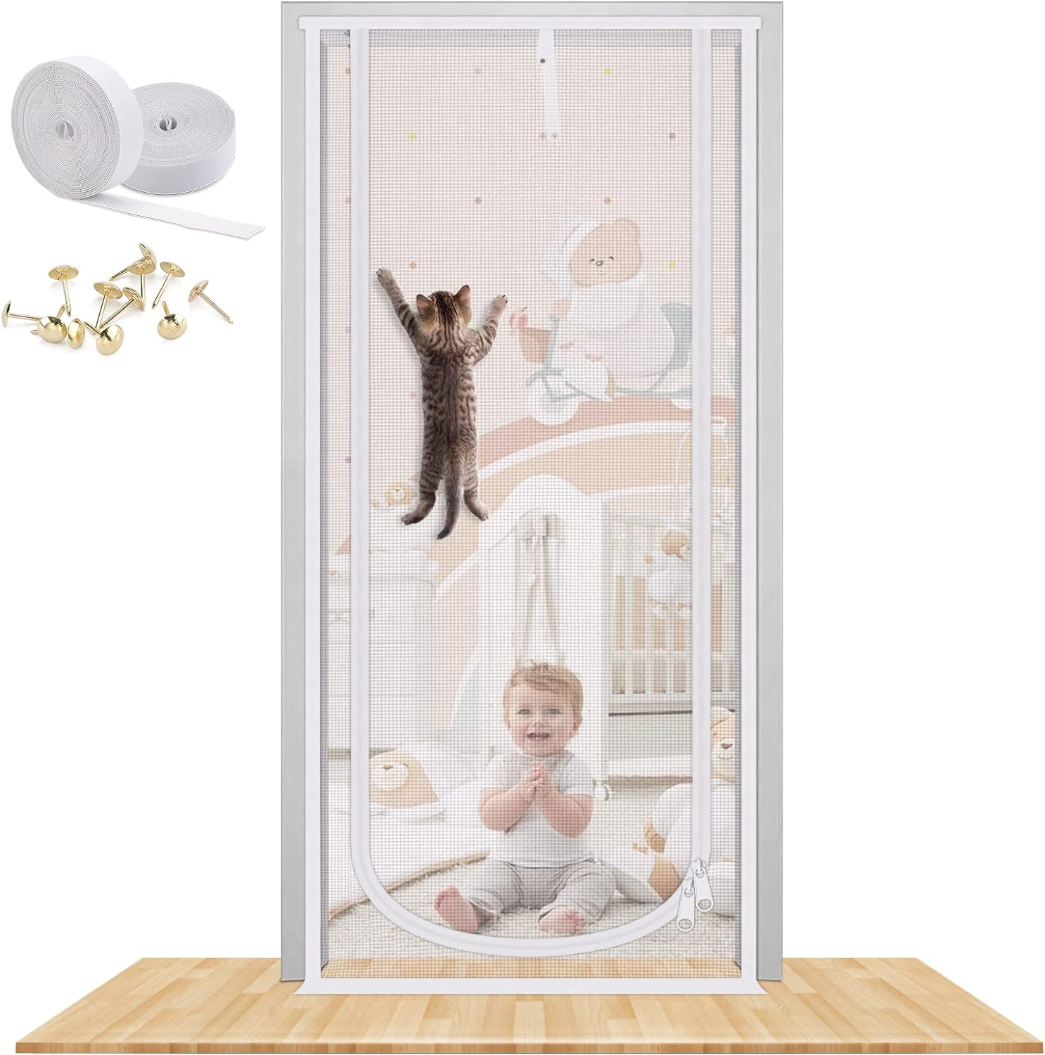 Reinforced Cat Screen Door, 32”X82” Heavy Duty Pets Proof Screen Door with Bilateral Zipper, Prevent Dogs Cats Running Out from Home, Bedroom, Living Room, Kitchen Patio Door