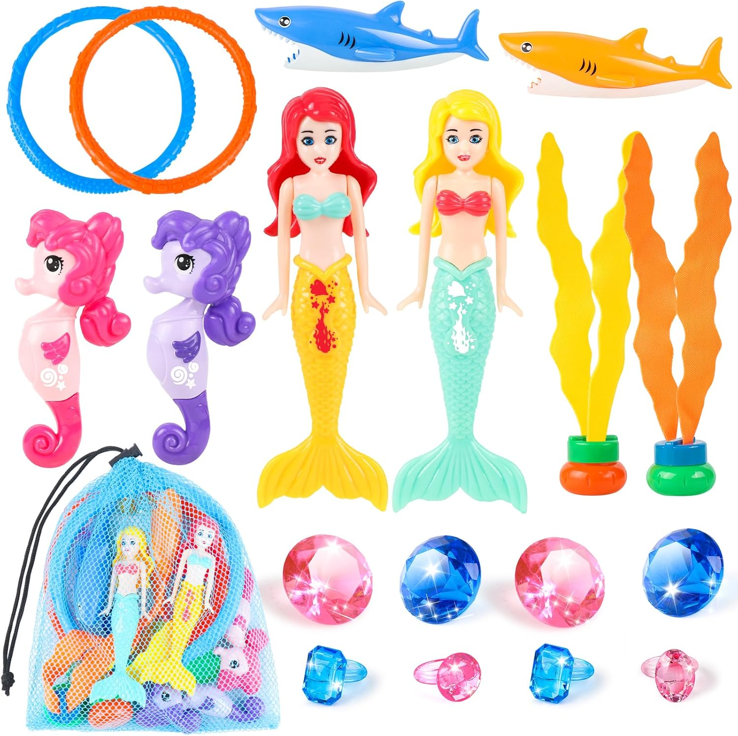 Pool Toys, 19 Pcs Mermaid Pool Diving Toys with Diving Gems Dive Rings and Storage Bag, Summer Swimming Pool Games Swim Water Sinking Toy for Kids Toddler 3-12