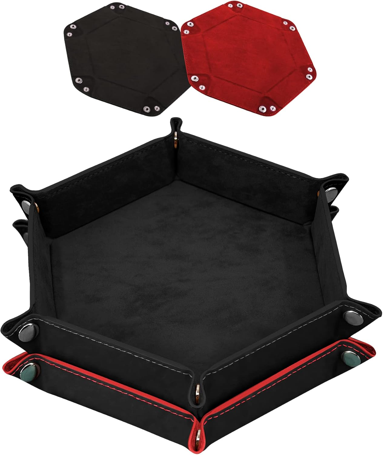 2 Pieces Dice Tray PU Leather Dice Trays Folding Hexagon Dice Holder Tray for Dice Games like RPG, DND and Other Table Games (Black and Red)