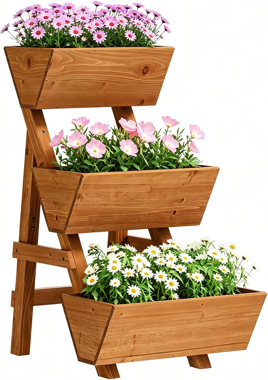 Vertical Wooden Raised Garden Bed, Garden Planters Freestanding Wood Plant Stand Flower Rack Wooden Planter Box for Plants Herbs Flowers Vegetables Outdoor Indoor Gardening (3-Tier Small Brown)