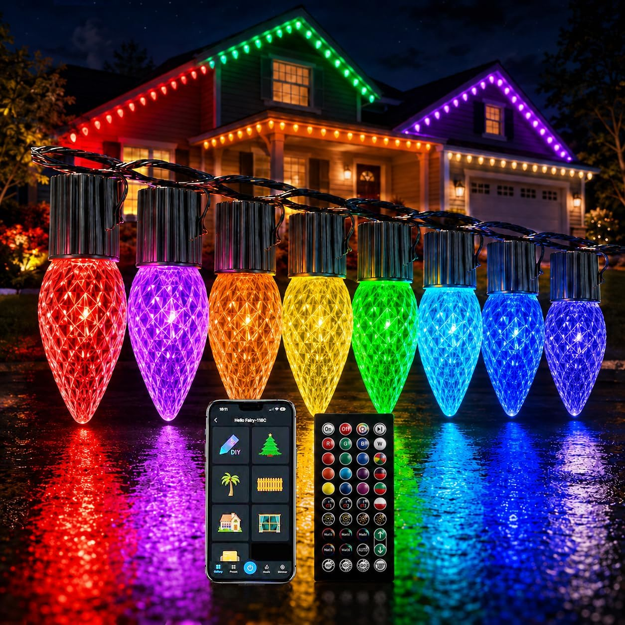 C9 Christmas Lights Outdoor 79Ft, Programmable Color Changing Christmas Lights for House, RGB Leds, Chasing Effects, Music Sync, Timer, App & Remote Control, Waterproof and Connectable
